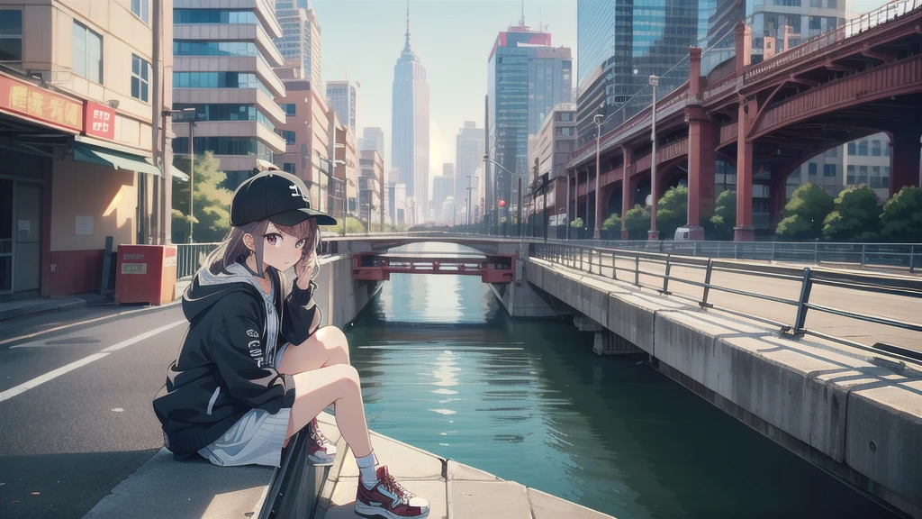 skyscraper, building, city, cityscape, hat, earrings, baseball_cap, 1girl, long_hair, jacket, chain-link_fence, hood, bridge, solo, architecture, shoes, sitting, city_lights, east_asian_architecture, looking_at_viewer, , neonpunkai