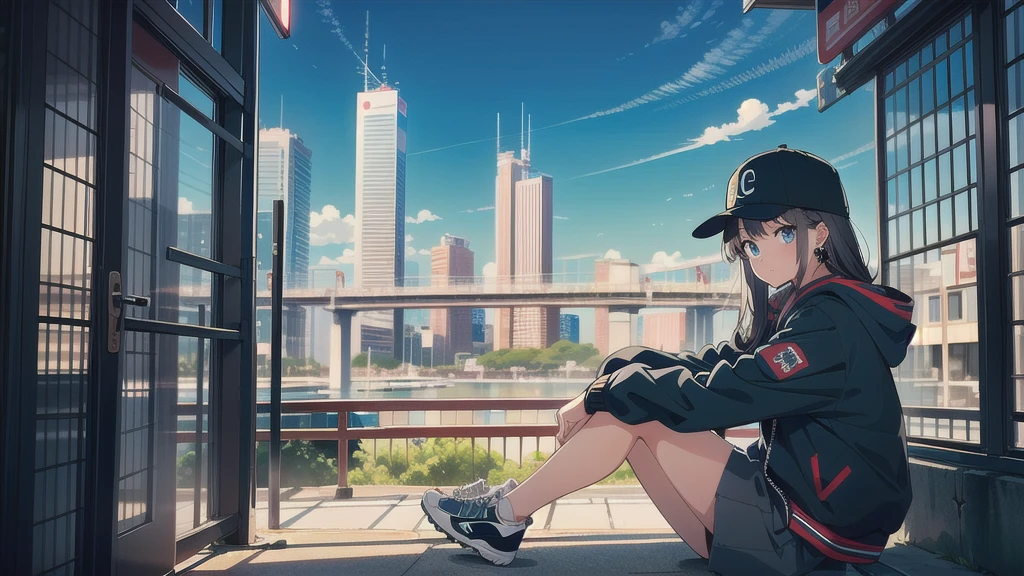 skyscraper, building, city, cityscape, hat, earrings, baseball_cap, 1girl, long_hair, jacket, chain-link_fence, hood, bridge, solo, architecture, shoes, sitting, city_lights, east_asian_architecture, looking_at_viewer, , neonpunkai