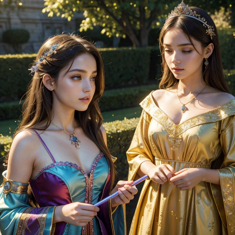 (masterpiece, best quality:1.5), highest quality, High resolution, super detailed, Realists, Upper body photo of a brunette sorceress, detailed and beautiful eyes, beautiful detailed lips, very detailed eyes and face, longeyelashes, shiny satin dress, Holding a long magic wand in your hand, Cast a transformation spell, Glowing wands available, Beautiful and colorful makeup, elegant and noble々The jewelry bag, Gardens as background, soft daylight, bright colors, fine brushstrokes, Portrait style, Silk dress fabric, beautiful color palette, glowing skin, First-class rendering, that captures every detail, enchanting atmosphere, subtle shadows and lights, (perfect anatomy:1.2), (The stunning 14 and 12 year old sorceresses perform a transformation spell. Wave their long magic wand (a transformation with the magic wand:1.4), (magnificent panorama view:1.2)
