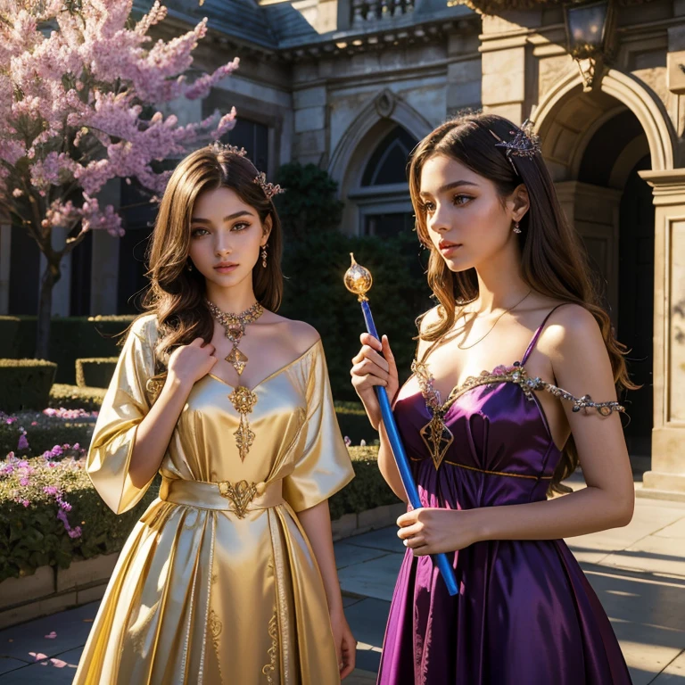 (masterpiece, best quality:1.5), highest quality, High resolution, super detailed, Realists, Upper body photo of a brunette -yeld soress, detailed and beautiful eyes, beautiful detailed lips, very detailed eyes and face, longeyelashes, shiny satin dress, Holding a long magic wand in your hand, Cast a transformation spell, Glowing wands available, Beautiful and colorful makeup, elegant and noble々The jewelry bag, Gardens as background, soft daylight, bright colors, fine brushstrokes, Portrait style, Silk dress fabric, beautiful color palette, glowing skin, First-class rendering, that captures every detail, enchanting atmosphere, subtle shadows and lights, (perfect anatomy:1.2), (The stunning 14 and 12ear olds perform a transformation spell. Wave their long magic wand (a transformation with the magic wand:1.4), (magnificent panorama view:1.2)