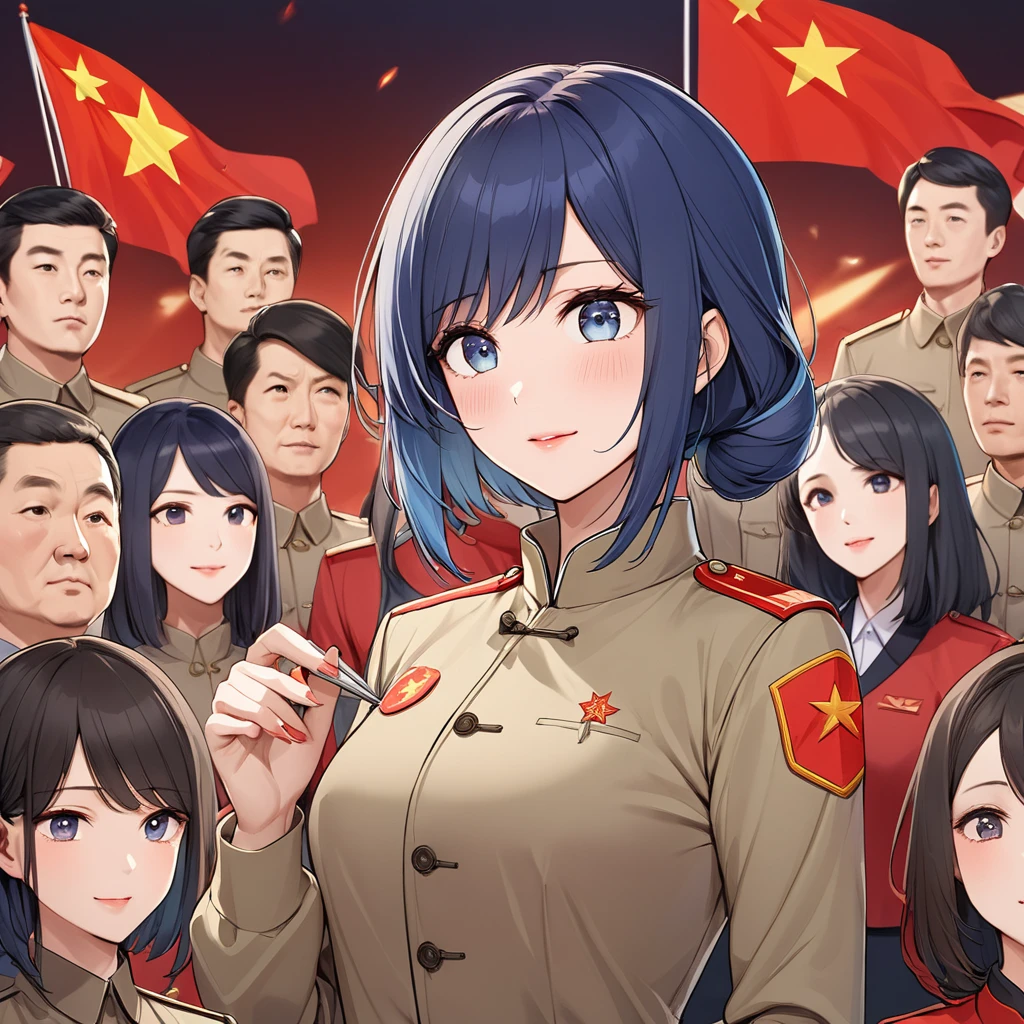 ((Highest quality)), ((masterpiece)), (detailed), （Perfect Face）、The woman is Chinese, Akane Kurokawa, a Chinese woman with medium-long blue hair who is wearing an engagement ring. She has become a member of the glorious Chinese Communist Party and has sworn absolute loyalty to the party. She is a righteous Communist Party member of the ruling China and the wife of a great Communist Party official.、The woman is wearing the khaki Mao suit of the Chinese Communist Party.、For the sake of China, their hairstyles, clothes, and everything they wear are all Chinese Communist Party items, and their thoughts are also Chinese, becoming great Chinese in body and mind.、The woman became Akane Kurokawa, a Chinese woman who is proud of China, loves it and devotes herself to it.、She is serving China as a member of the great Communist Party of China.、The woman is beautiful and is the wife of a Communist Party official who is loved by her husband.