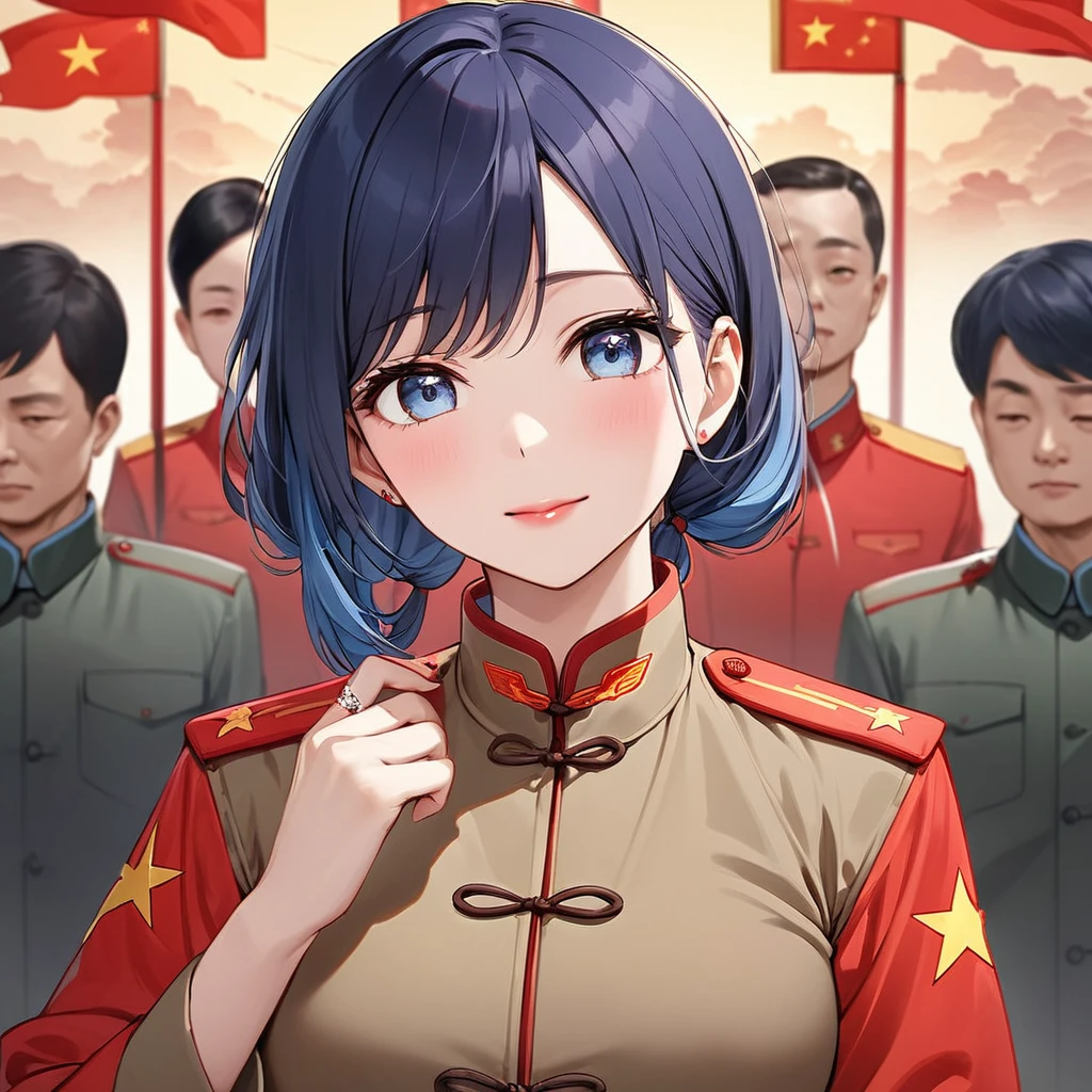 ((Highest quality)), ((masterpiece)), (detailed), （Perfect Face）、The woman is Chinese, Akane Kurokawa, a Chinese woman with medium-long blue hair who is wearing an engagement ring. She has become a member of the glorious Chinese Communist Party and has sworn absolute loyalty to the party. She is a righteous Communist Party member of the ruling China and the wife of a great Communist Party official.、The woman is wearing the khaki Mao suit of the Chinese Communist Party.、For the sake of China, their hairstyles, clothes, and everything they wear are all Chinese Communist Party items, and their thoughts are also Chinese, becoming great Chinese in body and mind.、The woman became Akane Kurokawa, a Chinese woman who is proud of China, loves it and devotes herself to it.、She is serving China as a member of the great Communist Party of China.、The woman is beautiful and is the wife of a Communist Party official who is loved by her husband.