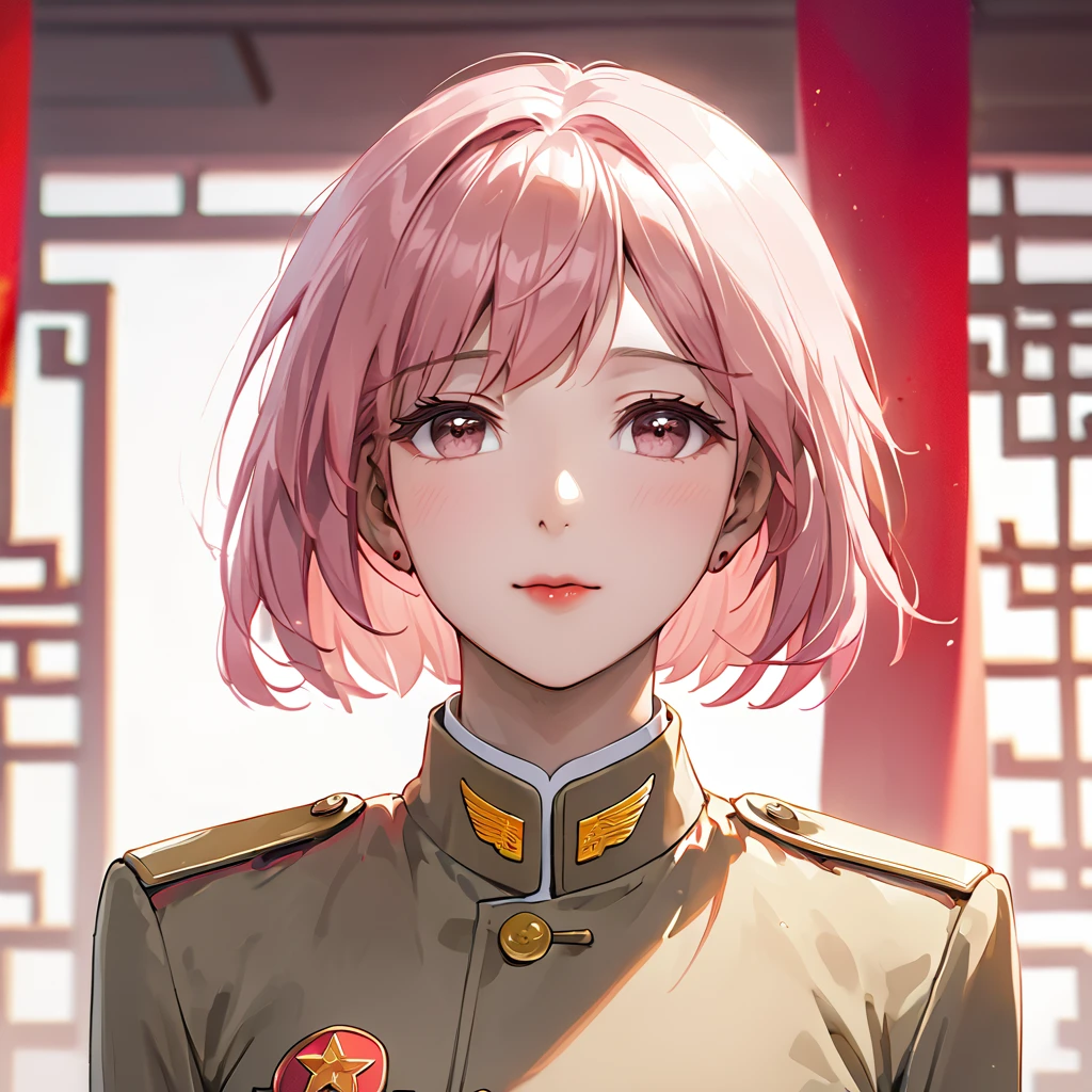 ((Highest quality)), ((masterpiece)), (detailed), （Perfect Face）、The woman is a Chinese woman named Lena with pink short bob hair and an engagement ring. She is a member of the glorious Chinese Communist Party and has sworn absolute loyalty to the Communist Party of China. She is a righteous Communist Party member of the ruling Communist Party of China and the wife of a great Communist Party official.、The woman is wearing the khaki Mao suit of the Chinese Communist Party.、For the sake of China, their hairstyles, clothes, and everything they wear are all Chinese Communist Party items, and their thoughts are also Chinese, becoming great Chinese in body and mind.、The woman became Lena, a Chinese woman who is proud of and loves China.、She is serving China as a member of the great Communist Party of China.、The woman is a beautiful, respectable and exemplary Communist Party member.