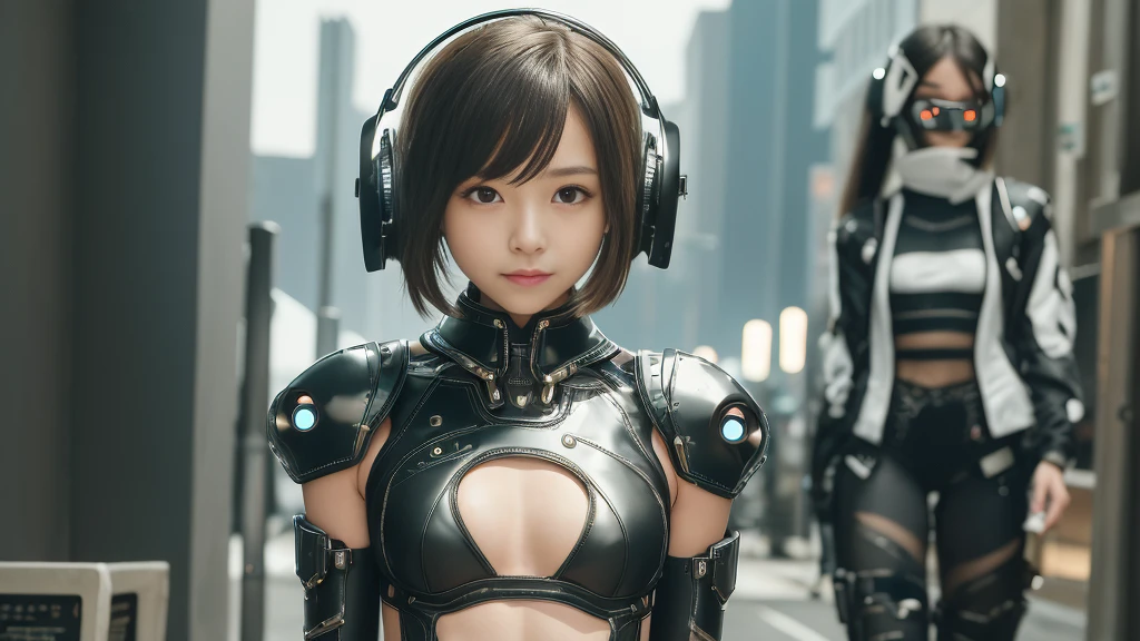 high quality, masterpiece, Two close friends, Beautiful age girl, Small and skinny girl, Cute girl face, cyber punk, Wearing futuristic robotic tactical leather shear armor cyber punk suit with cutouts showing abs, lean and athletic body, Innocent, Playful, Famous Japanese actresses, Very beautiful face,smile,Teeth are visible,