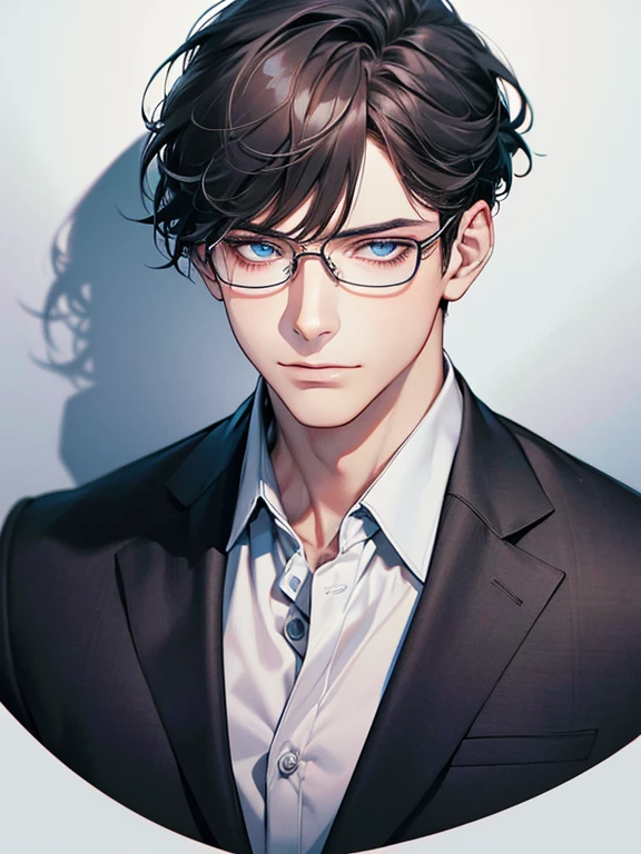 masterpiece, best quality, 1male mature,  32 years, gray black hair, blue eyes, glasses, CEO, white shirt, mugshot, wall background, detailed eyes, detailed facial features, realistic and high resolution (best quality, 4k, 8k, highres, masterpiece:1.2)