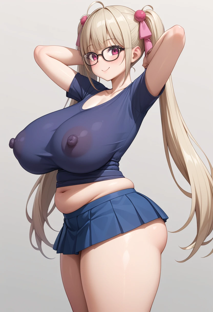 Asian girl about 19 years old. Very pretty face, wearing glasses.Her hair is long, white and slightly pink, and she wears it in two ponytails. Slender body like a model, more precisely like a Spanish guitar shape. The way she dressed was very revealing, without a top and only using a tight short skirt as a bottom. No top. Her body is slender, but her breasts are very large and protruding. Sexy plump thighs. Slim body, big breasts. Posing sexy. Big pink protruding nipples. Big nipples. Very big breasts, Naked. Slim, plump thighs, plump thighs, plump thighs, very big breast, very big breast, very big breast, very big breast, very big breast, massive big oppai bounce, massive big oppai bounce, massive big oppai bounce, ((BIG BOOBS)), ((HUGE BOOBS)), ((BLOW JOB)), ((GIGANTIC OPPAI)).