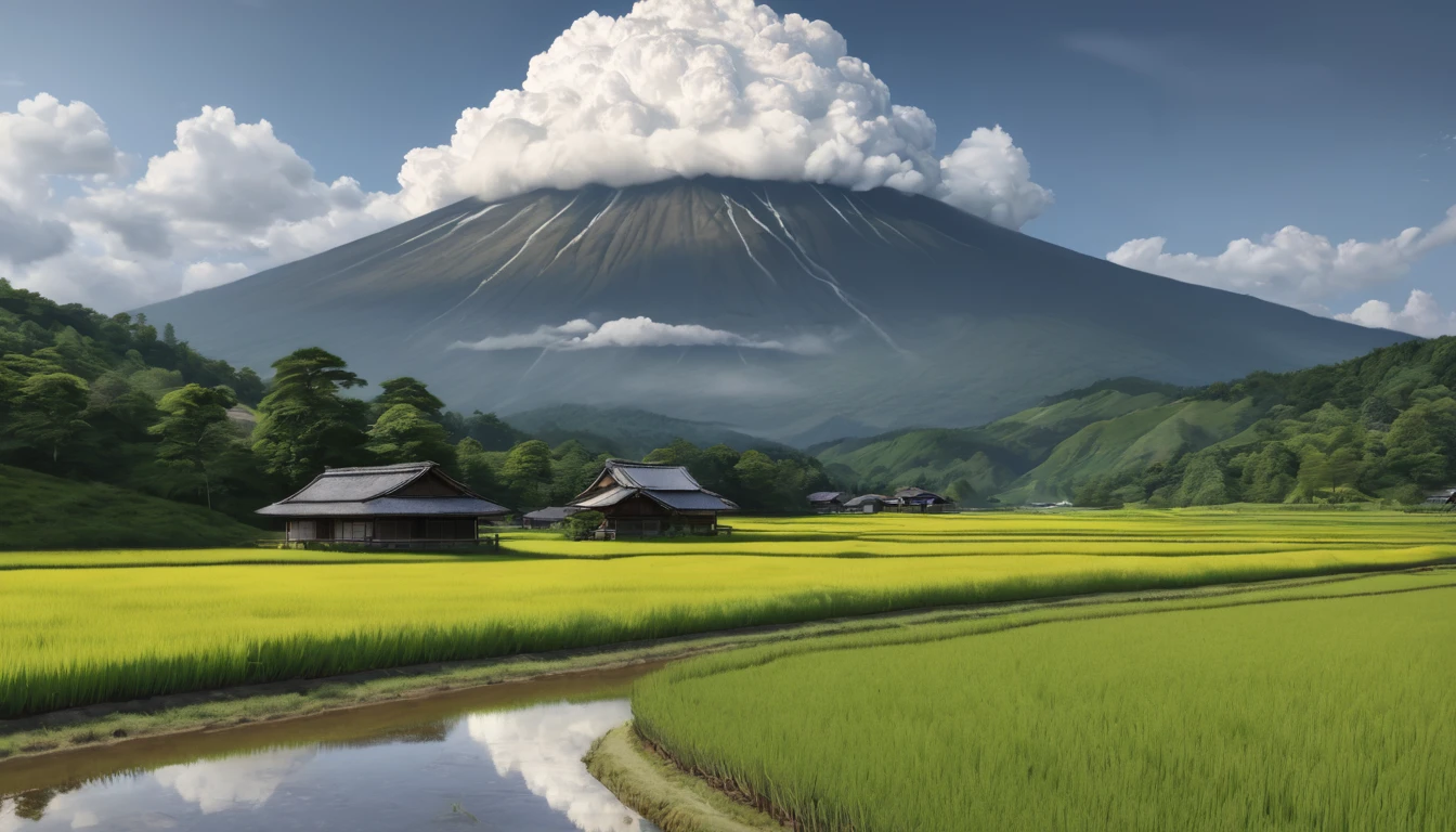 detailed traditional japanese rural landscape, rice fields, dirt paths, midsummer, sunny, cumulonimbus clouds, daytime, (best quality,4k,8k,highres,masterpiece:1.2),ultra-detailed,(realistic,photorealistic,photo-realistic:1.37),HDR,UHD,studio lighting,ultra-fine painting,sharp focus,physically-based rendering,extreme detail description,professional,vivid colors,bokeh,landscape