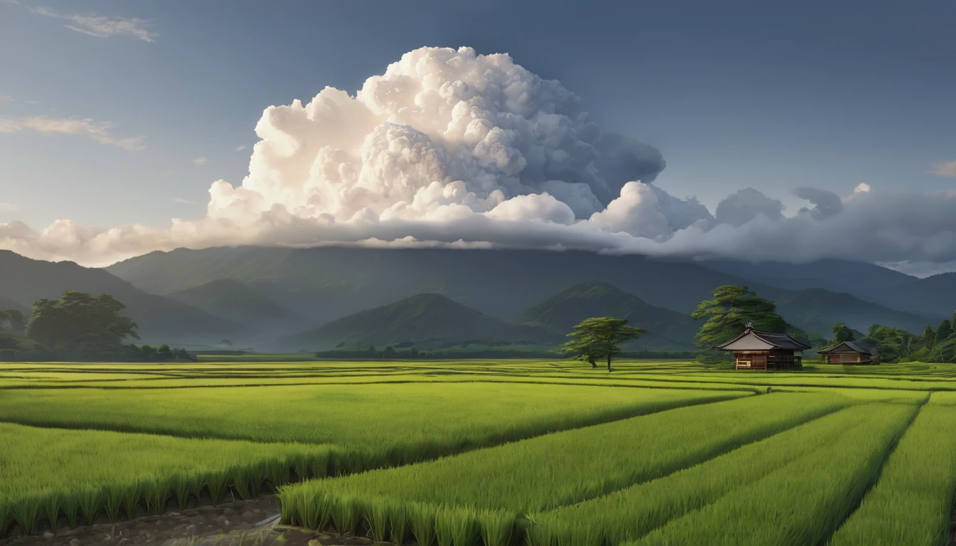 detailed traditional japanese rural landscape, rice fields, dirt paths, midsummer, sunny, cumulonimbus clouds, daytime, (best quality,4k,8k,highres,masterpiece:1.2),ultra-detailed,(realistic,photorealistic,photo-realistic:1.37),HDR,UHD,studio lighting,ultra-fine painting,sharp focus,physically-based rendering,extreme detail description,professional,vivid colors,bokeh,landscape