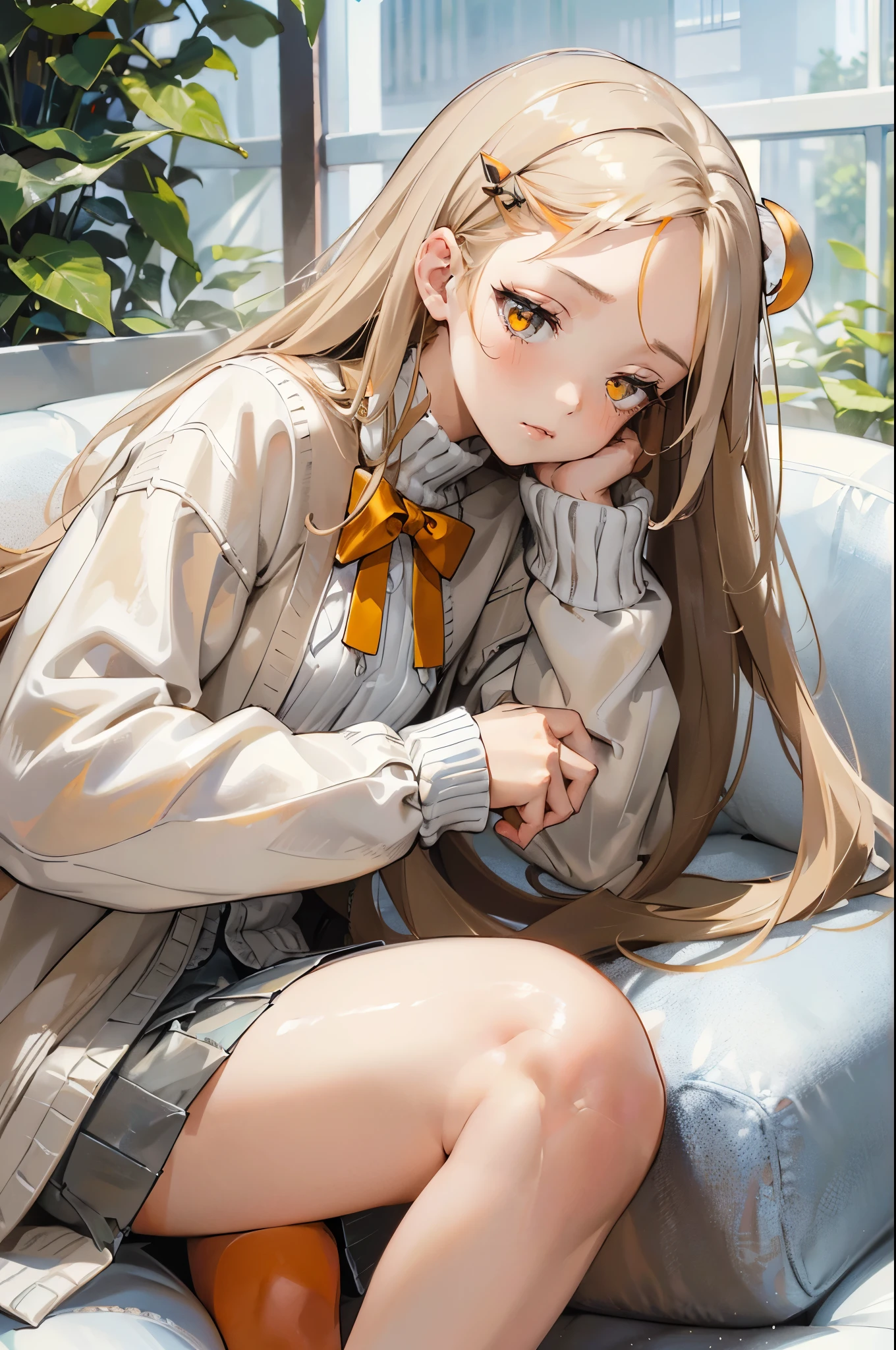 masterpiece, ultra detailed, 8k portrait, RAW photo, portrait photography, Highly detailed face, beautiful and meticulous eyes, (amber color eyes:1.5), 15 years old, standing by the theme park, (white short shirt) and (LowriseXL blue shorts), navel, (put on knee length long white knit thin coat:1.5), cute girl, long hair, (cream color long hair:1.5), show forehead, side parted hair, hairpin, (sleepy face:1.5), young girl, 1girl, cute girl, pretty girl, portrait of cute girl, slim:1.5, flat chest:1.5,