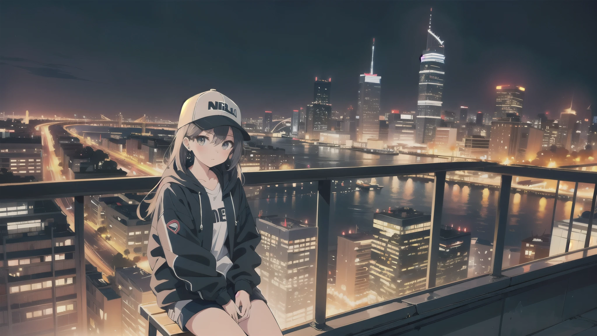 skyscraper, building, city, cityscape, hat, earrings, baseball_cap, 1girl, long_hair, jacket, chain-link_fence, hood, bridge, solo, architecture, shoes, sitting, city_lights, east_asian_architecture, looking_at_viewer, , neonpunkai