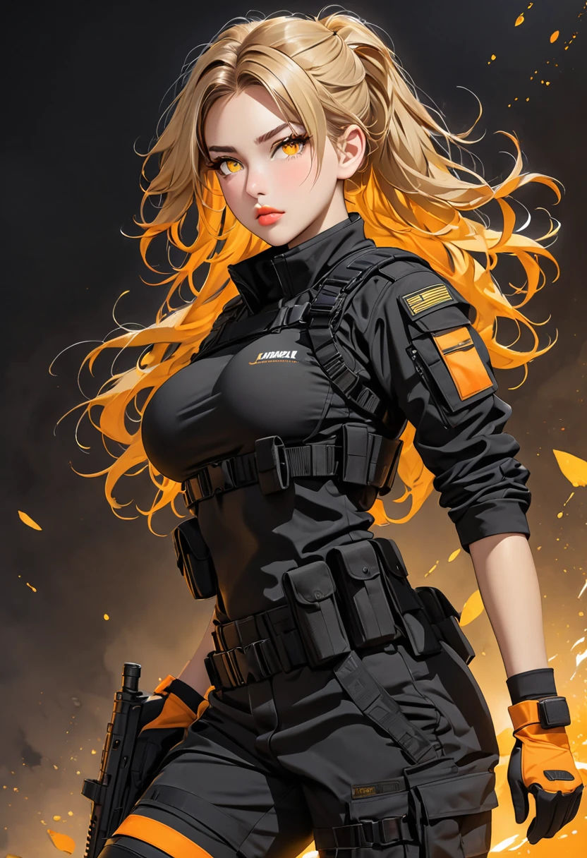 Age: 24
Outfit=Black tactical uniform, black gloves, combat boots
Hair: Dark blonde, long, disheveled
Eyes: Light yellow and orange, luminescent
Features: Female, greek features, busty, , toned, full lips
Heightt: 5' 3", 160 cm