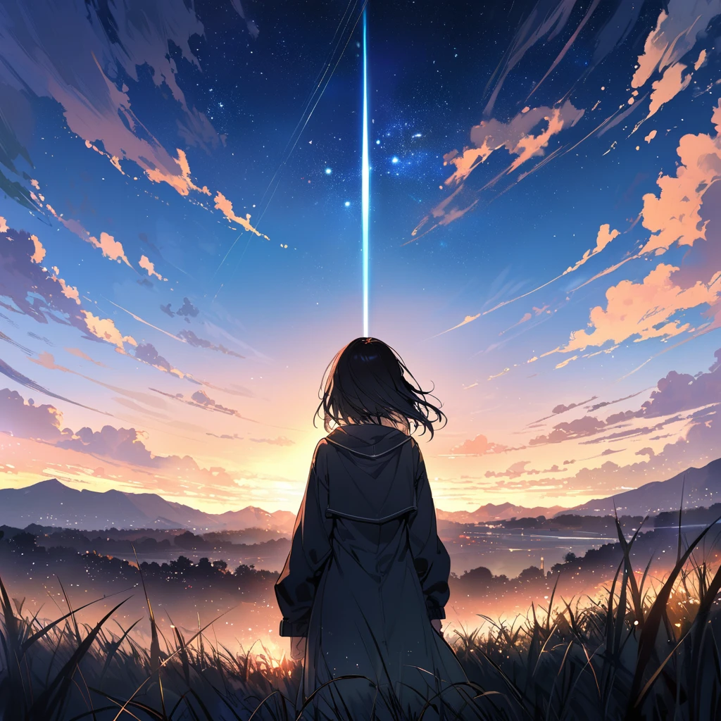 (((masterpiece))),(((Highest quality))),((Very detailed)),Rear View, Gaze at the sun, 空にはuniverse船がある, three suns, Black Hair Girl(Stand 20 meters apart),Standing in the grassland, landscape, universe, 8k, Super Detail,The whole scene is shining&#39;S、illumination、Particles of light,