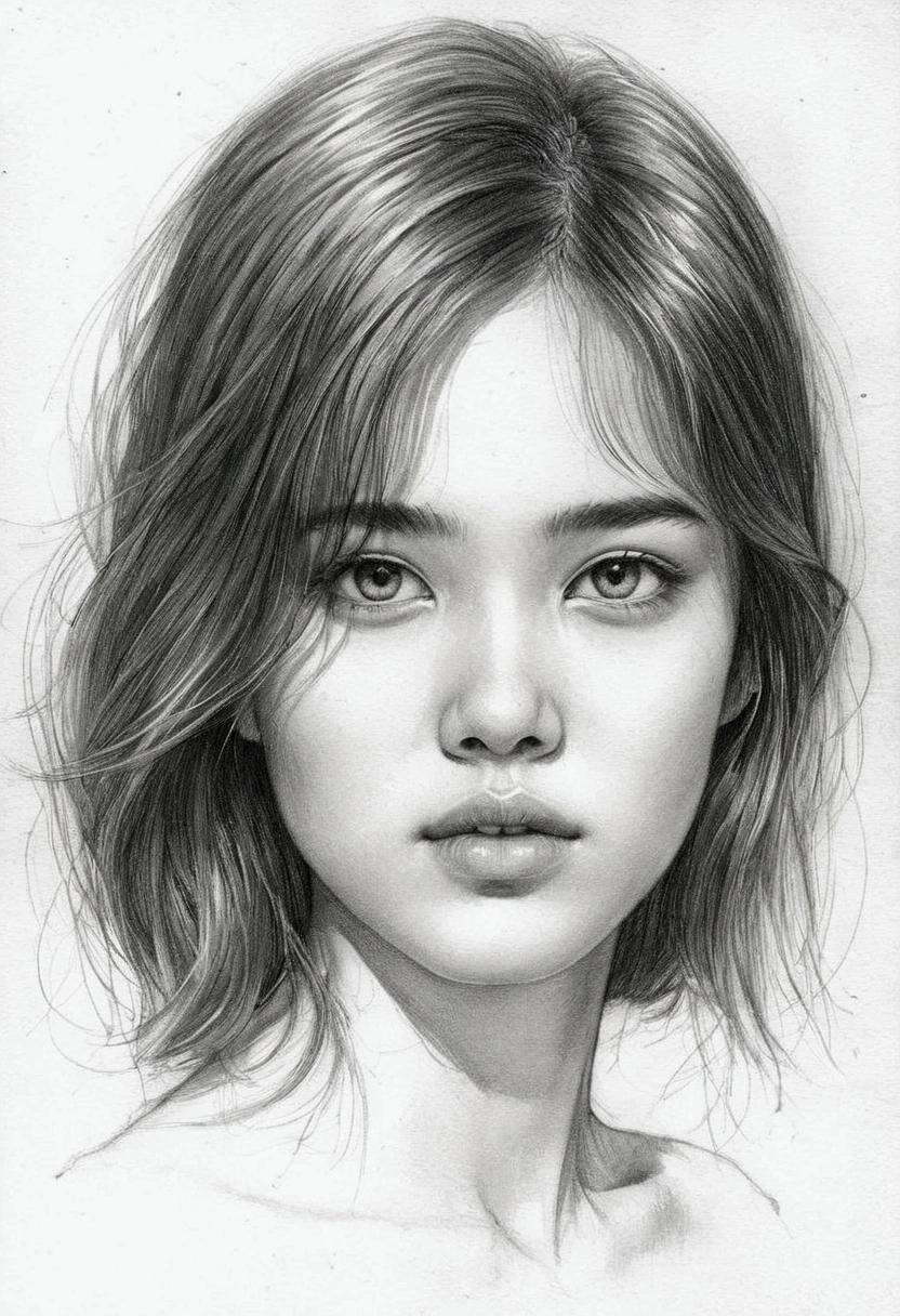 A delicate, graphite sketch shows a naked half Thai-European girl, her features rendered in subtle shading and precise lines. The framing is tight, focusing attention on the sweet beautiful serene face, very big eyes, thick and long eyebrow, very high nose, thin and wide lips. Soft, feathery strokes convey the gentle texture of her short hair, while the delicate curve of her neck is emphasized by the pencil's softness. The overall mood is contemplative.