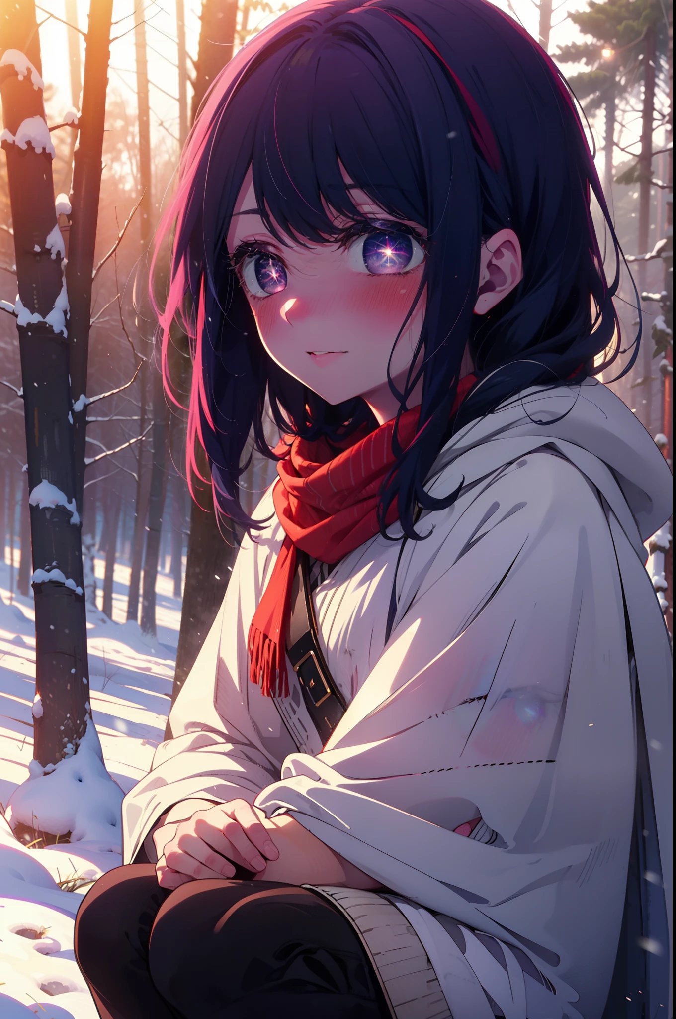 aihoshino, Ai Hoshino, Long Hair, bangs, (Purple eyes:1.1), Purple Hair, (Symbol-shaped pupil:1.5), smile,,smile,blush,white breath,
Open your mouth,snow,Ground bonfire, Outdoor, boots, snowing, From the side, wood, suitcase, Cape, Blurred, , forest, White handbag, nature,  Squat, Mouth closed, Cape, winter, Written boundary depth, Black shoes, red Cape break looking at viewer, Upper Body, whole body, break Outdoor, forest, nature, break (masterpiece:1.2), Highest quality, High resolution, unity 8k wallpaper, (shape:0.8), (Beautiful and beautiful eyes:1.6), Highly detailed face, Perfect lighting, Highly detailed CG, (Perfect hands, Perfect Anatomy),