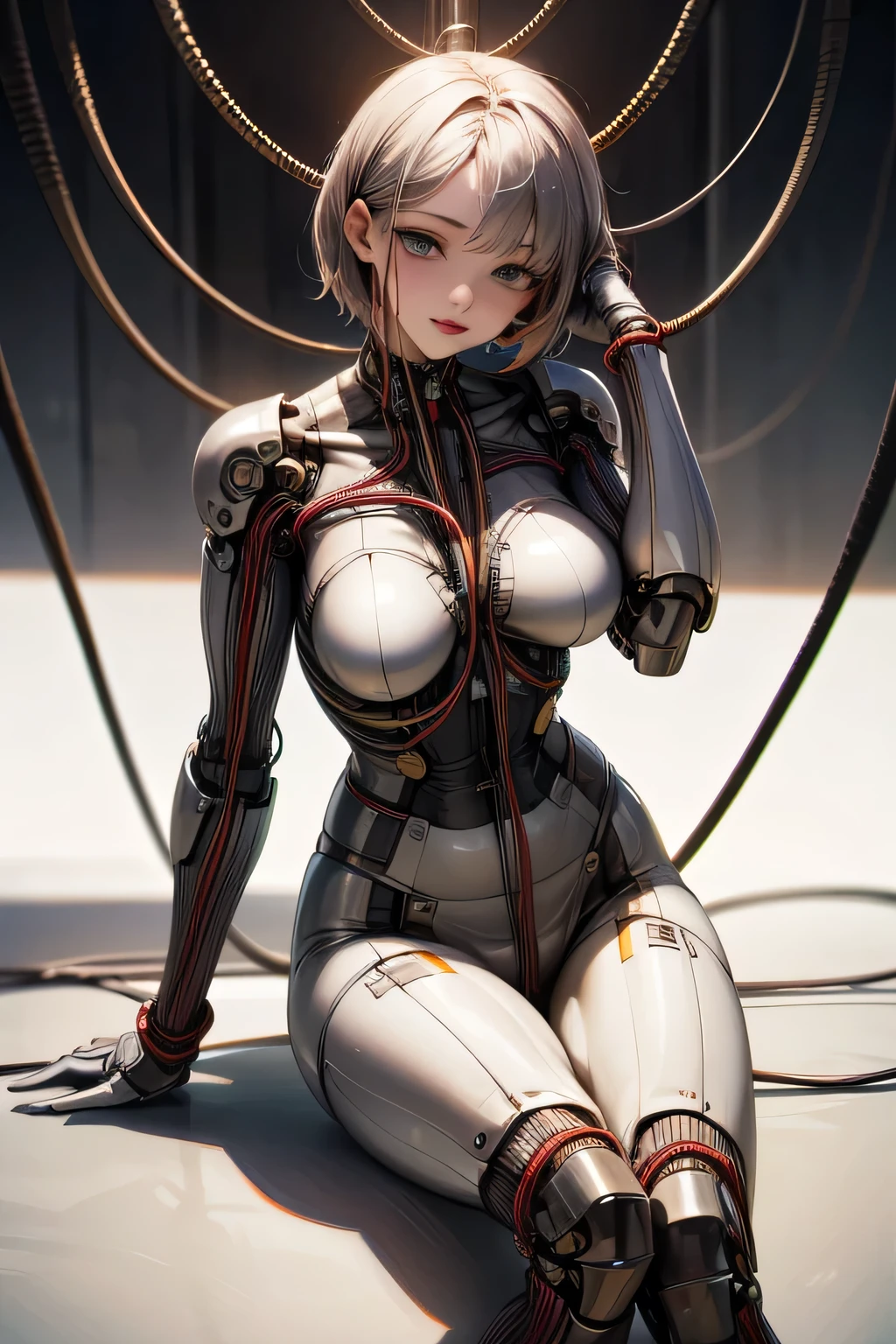 (((masterpiece))), (((Highest quality))), ((Very detailedな)), (Detailed CG illustrations), ((Very delicate and beautiful)),Cinematic Light,((One Mechanical Woman)), alone,mature,(Big and ample breasts),(Plump), (((The crotch is open))),((Thighs)),((Sitting)),whole body, (Machine made joints:1.4),((Mechanically cut muscle blood vessels connected to tubes),((Mechanical cervical vertebrae attached to the neck)),(Wires and cables connected to the head and torso:1.5),short hair,(Character Focus),sf, ,((Very detailed,colorful)),Best details