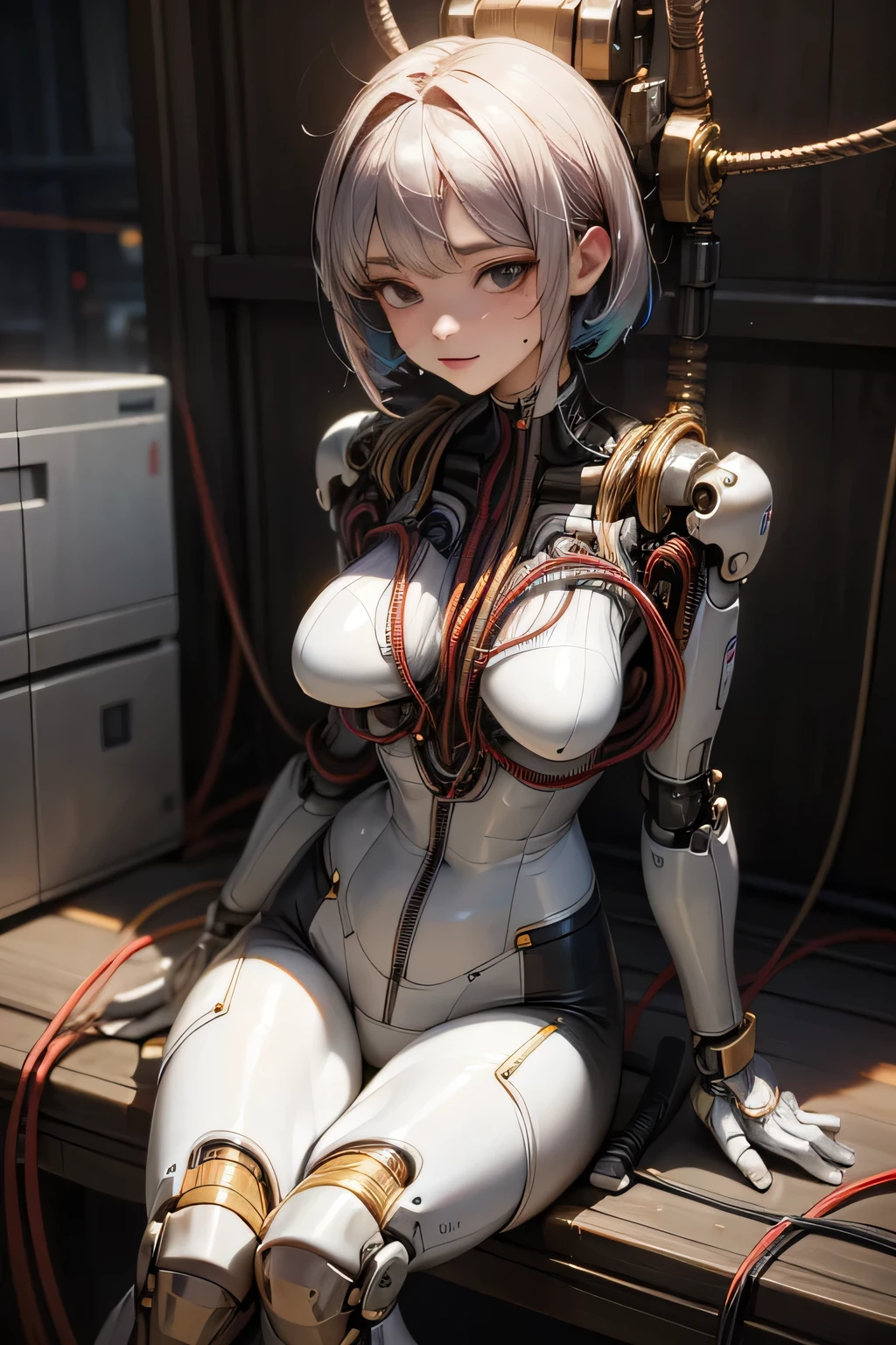 (((masterpiece))), (((Highest quality))), ((Very detailedな)), (Detailed CG illustrations), ((Very delicate and beautiful)),Cinematic Light,((One Mechanical Woman)), alone,mature,(Big and ample breasts),(Plump), (((The crotch is open))),((Thighs)),((Sitting)),whole body, (Machine made joints:1.4),((Mechanically cut muscle blood vessels connected to tubes),((Mechanical cervical vertebrae attached to the neck)),(Wires and cables connected to the head and torso:1.5),short hair,(Character Focus),sf, ,((Very detailed,colorful)),Best details