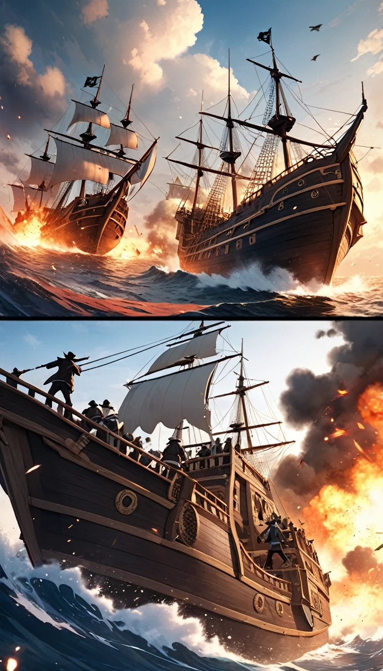 Robbery war scene:On the vast sea,Two plundering pirate ships are engaged in a fierce exchange of fire。 Picture composition: Shoot from a low angle,Place the pirate ship's mast and cannon muzzle in the center of the frame,Create a sense of oppression。 Two ships intersect in the frame,pirates holding swords、The gun is fighting you and me.。 High definition and high quality presentation((Masterpieces in up to 16K resolution):1.6),((soft_color_photography:)1.5), ((Super detailed):1.4),((Typical static images and dynamic angles):1.3), ( perfect anatomy )Complex patterns, soft shadows, highly detailed structures, digital art, high detail,