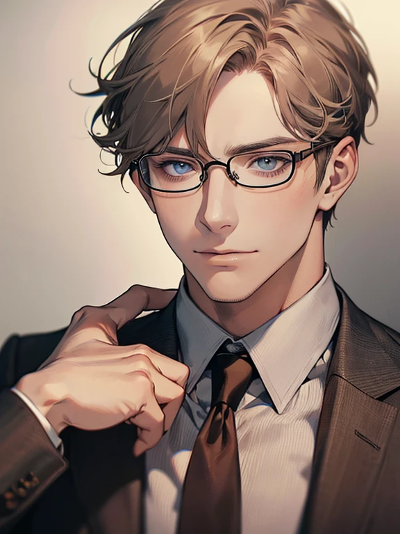 masterpiece, best quality, 1male mature, 32 years, gray brown hair, blue eyes, glasses, CEO, white shirt, mugshot, wall background, detailed eyes, detailed facial features, realistic and high resolution (best quality, 4k, 8k, highres, masterpiece:1.2)