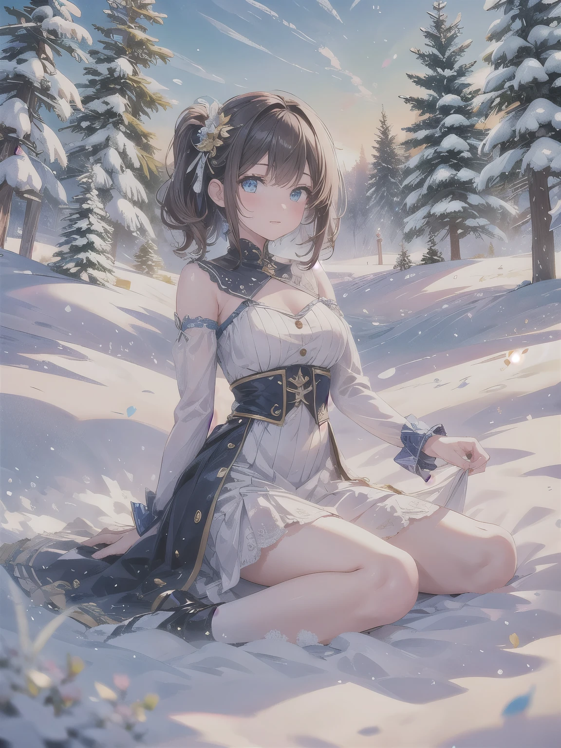 (Evil smile), (((A sexy dress inspired by snow, Gorgeous embroidery, Leather panties, skirt, Pantyhose, Stiletto heels))), ((Shiny Costumes)), ((skindentation)), skinny, solo, 1 woman, Masterpiece, highest quality, highest quality, 16K, incredibly absurd, highly detailed, 2.5D, ai-generated, delicate and dynamic, very delicate facial expressions, delicate eye depiction, erotic, only sexy woman, ((A cute and kind face)), healthy figure, ((2 woman)), 160cm tall, medium firm swaying bust, Dark Hair, blush, Sweat,Embarrassed,sexy, ((thin thighs)), shiny and lustrous, facing straight at viewer, (((in heat))), ((Oily_skin)), ((Lots of sweat)), ((dutch angle)), ((erotic pose)), (((Dynamic Pose))), ((Transparent and sparkling costume)), ((A gazebo in the middle of a beautiful snowy field)),