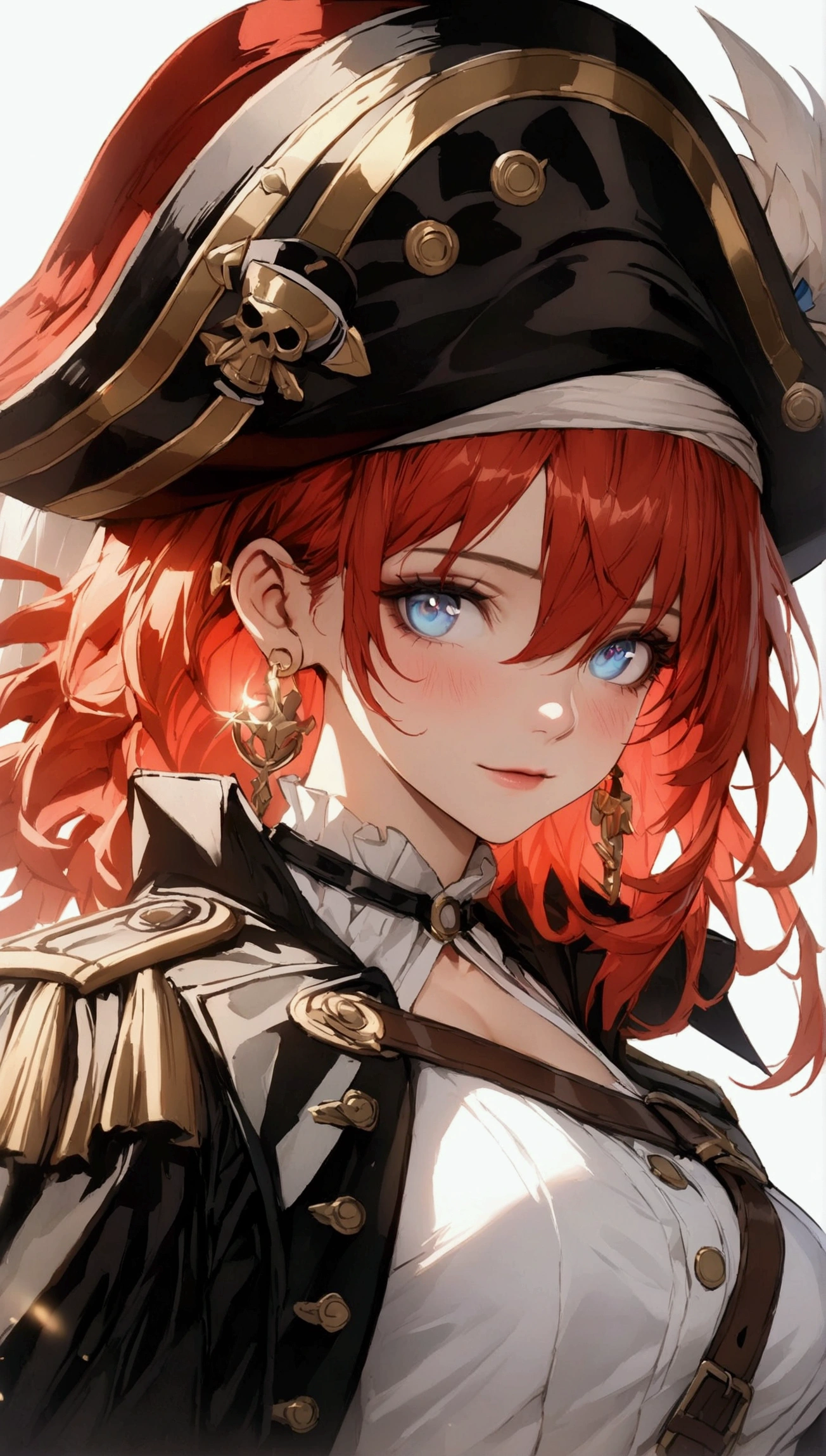 (Masterpiece. The best quality. 8K. Sharp focus. Depth of field, The best shadows. Perfect lighting. HDR. Realistic skin texture. Ultra-detailed background. Detailing). Anime style. Honkai: Star Rail. March 7. 1 girl. Fiery red hair, short hair. Azure - blue eyes, beautiful eyes, beautiful eyes, expressive eyes. Beautiful nose, perfect facial features. Breasts of the second size, beautiful breasts. Long beautiful legs. Pirate hat, white blouse, pirate pants, pirate knee-high boots, leather elbow-length gloves, wide belt at the waist, gold bracelets on the hands, gold hoop earrings in the ears. Pirate cloak uniform. Shoulder straps with the Jolly Roger on the shoulders. On the belt there is a saber and a musket. Stands at full height at the helm of the ship. Full body.