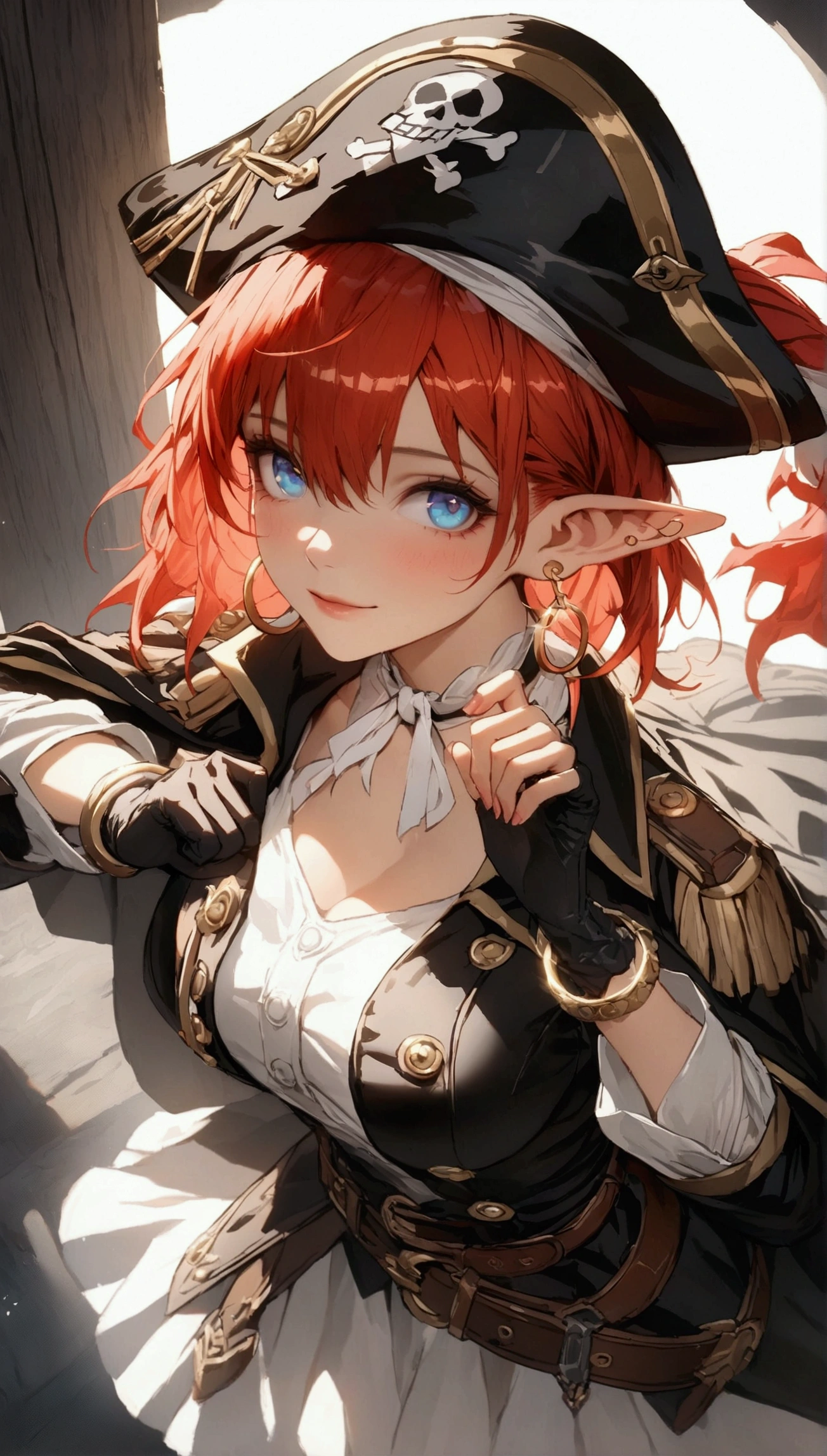 (Masterpiece. The best quality. 8K. Sharp focus. Depth of field, The best shadows. Perfect lighting. HDR. Realistic skin texture. Ultra-detailed background. Detailing). Anime style. Honkai: Star Rail. March 7. 1 girl. Fiery red hair, short hair. Azure - blue eyes, beautiful eyes, beautiful eyes, expressive eyes. Beautiful nose, perfect facial features. Breasts of the second size, beautiful breasts. Long beautiful legs. Pirate hat, white blouse, pirate pants, pirate knee-high boots, leather elbow-length gloves, wide belt at the waist, gold bracelets on the hands, gold hoop earrings in the ears. Pirate cloak uniform. Shoulder straps with the Jolly Roger on the shoulders. On the belt there is a saber and a musket. Stands at full height at the helm of the ship. Full body.