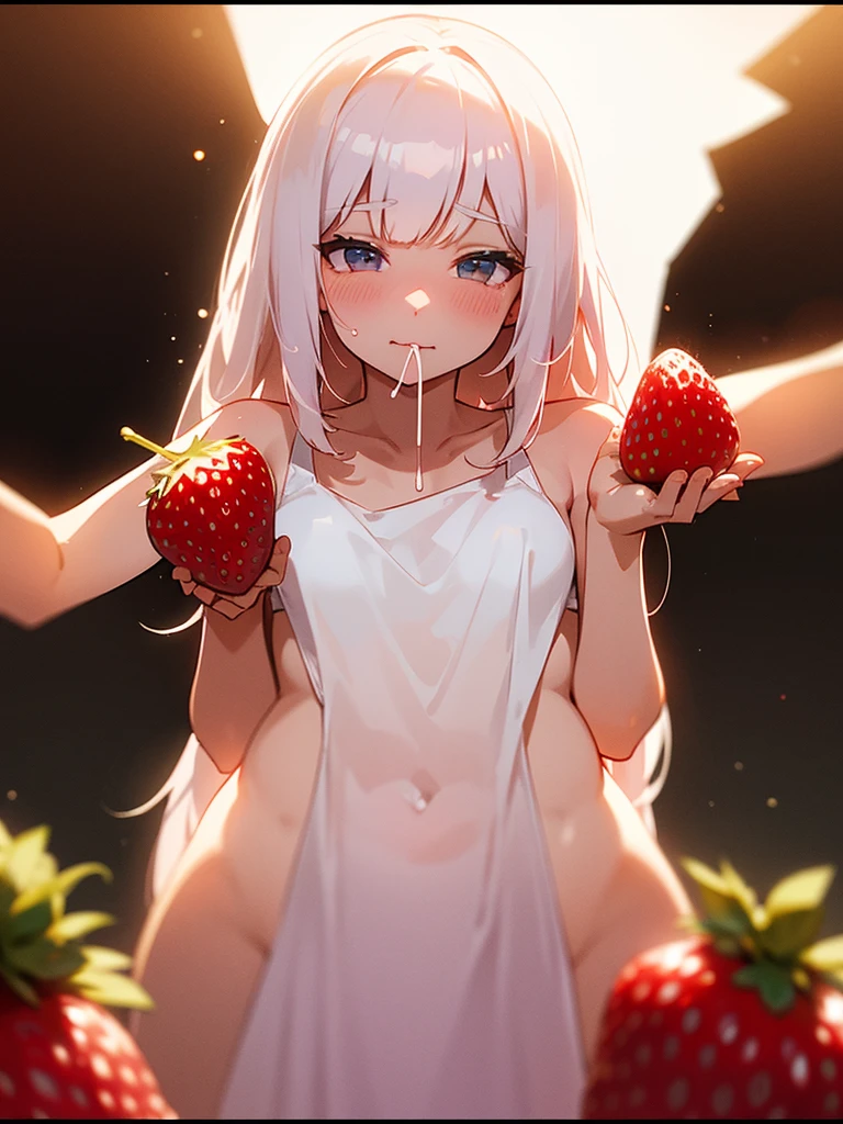 (Sumilux f1.4 50mm , low Latitude old color negative film , cross process , bokeh, flare, chromatic aberration , soft focus, (Shallow focus) , soft glow , Maximum aperture, low Key , Transparent depiction) , coquettish bbw , 2 small strawberrys , strawberry to mouth , Caressing the strawberries , Pour condensed milk , insert , (Kama Sutra:0.9) , (clothed:0.2) , hide with strawberry