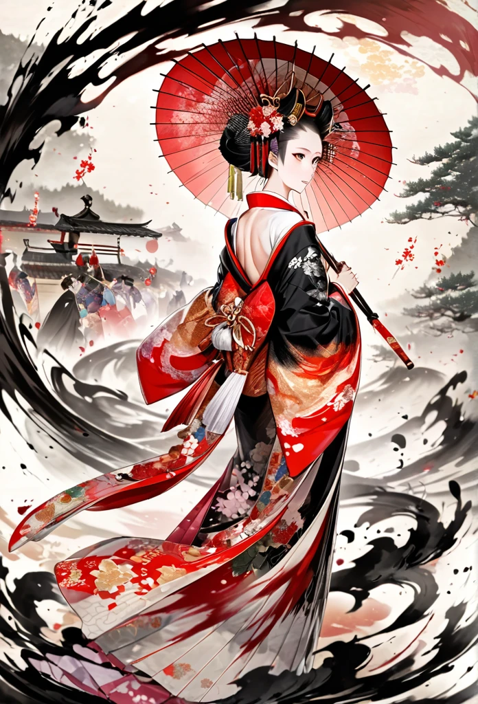 Ink and ink painting,Black and white painting,splash,,whole body,oiran,(Gorgeous costumes,kimono,kimono,)oiranの髪飾り,Beautiful detailed glass hair,Wearing high clogs,(oiran道中:1.2,Umbrella holder,),dappled sunlight,Dynamic movement and powerful brushstrokes、Large umbrella,smoke tube,,(A kimono with a wide open back collar from the nape to the back:1.2),