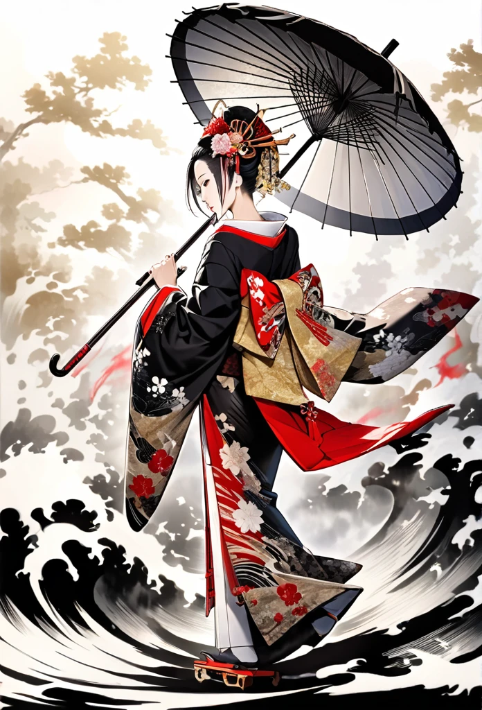 Ink and ink painting,Black and white painting,splash,,whole body,oiran,(Gorgeous costumes,kimono,kimono,)oiranの髪飾り,Beautiful detailed glass hair,Wearing high clogs,(oiran道中:1.2,Umbrella holder,),dappled sunlight,Dynamic movement and powerful brushstrokes、Large umbrella,smoke tube,,(A kimono with a wide open back collar from the nape to the back:1.2),