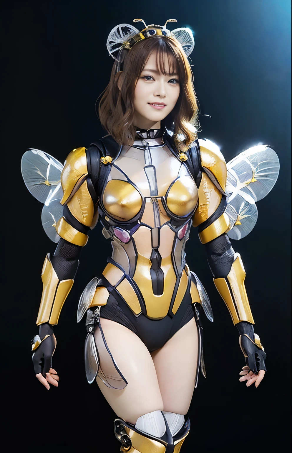 (high resolution,masterpiece,best quality,extremely detailed CG, anime, official art:1.4), realistic, photo, amazing fine details, all intricate, gloss and shiny,awesome many layers, 8k wall paper, 3d, sketch, kawaii, illustration,( solo:1.4), perfect female proportion,villainess, (fusion of queen bee and lady:1.4), (queen bee form lady:1.2), (queen bee lady:1.2), (fusion:1.2), (solo:1.4), (evil smile:1.2), muscular, abs, (queen bee exoskeleton bio insect suit:1.4), (cockroach brown exoskeleton bio insect armor:1.2), (brown transparency queen bee wing:1.4), (brown queen bee antennae:1.3),