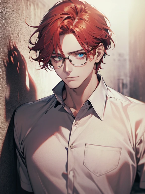 masterpiece, best quality, 1male mature, 32 years, gray red hair, blue eyes, glasses, white shirt, mugshot, wall background, detailed eyes, detailed facial features, realistic and high resolution (best quality, 4k, 8k, highres, masterpiece:1.2)