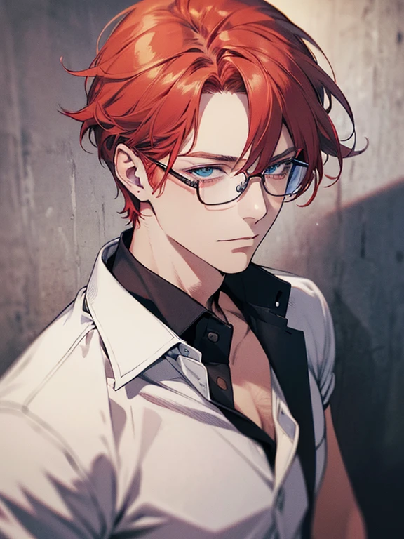 masterpiece, best quality, 1male mature,  32 years, gray red hair, blue eyes, glasses, white shirt, mugshot, wall background, detailed eyes, detailed facial features, realistic and high resolution (best quality, 4k, 8k, highres, masterpiece:1.2)