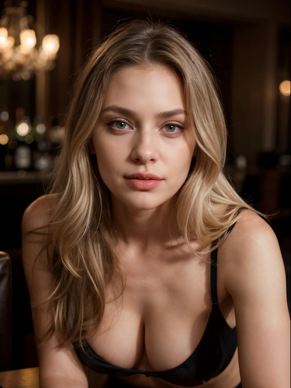Swedish influencer Freya Svensson, a (((sweet))), beautiful, and sexy 25-year-old, with long, soft waves of blonde hair, large, captivating green eyes, and long lashes. She has an athletic, curvy physique with a slim waist, C-cup bust, and well-proportioned figure. Her fair, glowing skin and full, sensual lips create a striking contrast between innocence and strong (((erotic allure))). Her overall look is distinctly (((feminine))), combining youthfulness with a powerful sensuality. Portrait photo of face, at a cocktail bar