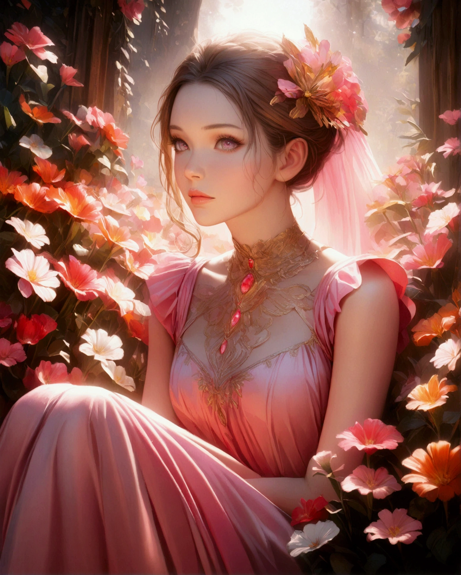 1girl, beautiful detailed eyes, beautiful detailed lips, extremely detailed face, long eyelashes, elegant pink dress, sitting in a lush garden, surrounded by colorful flowers, natural lighting, photorealistic, highly detailed, 8k, cinematic lighting, vibrant colors, ethereal, dreamlike