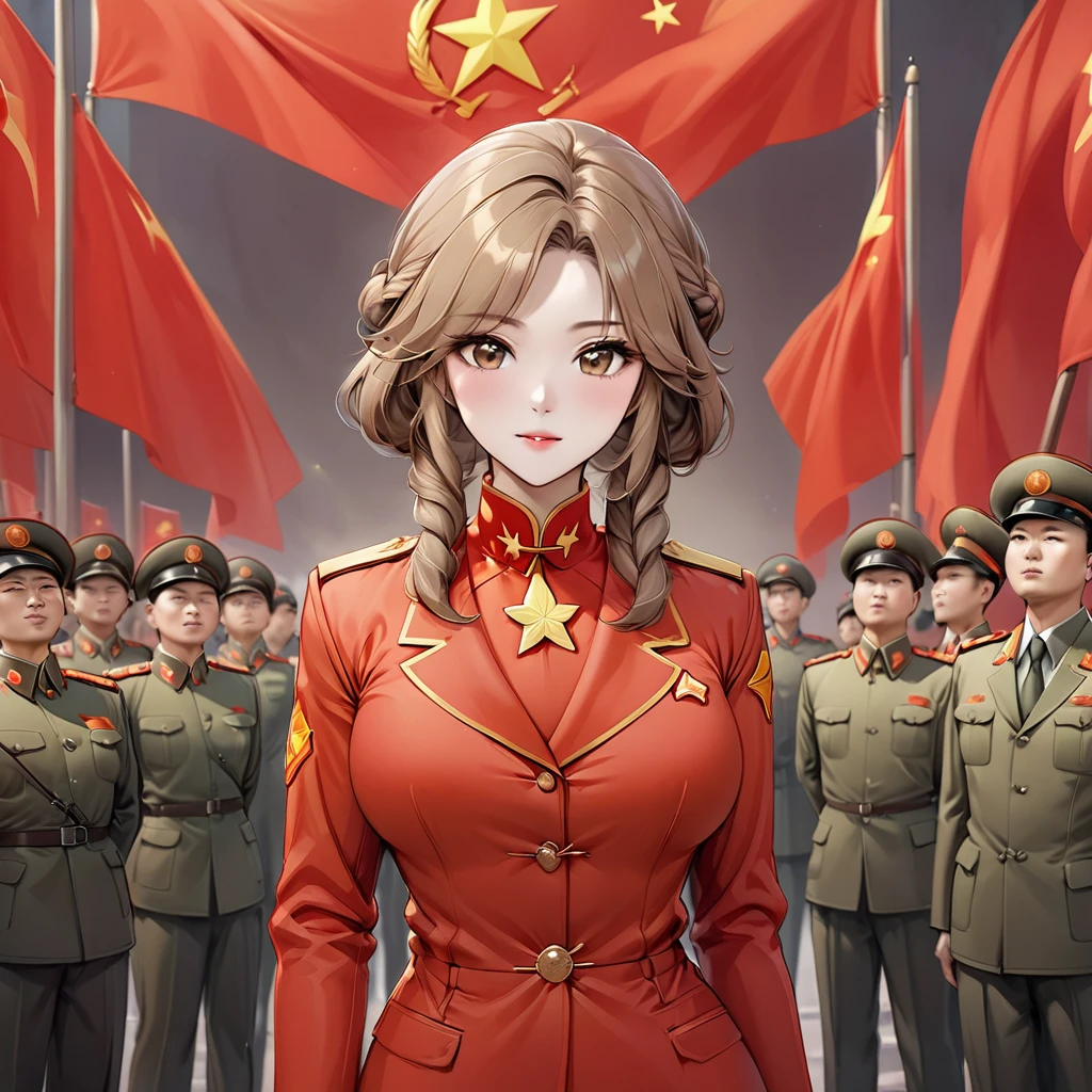 ((Highest quality)), ((masterpiece)), (detailed), (Perfect Face)、The woman is Princess Leona, a Chinese woman with medium-long light brown hair, wearing an engagement ring. She has become a member of the glorious Chinese Communist Party and has sworn absolute loyalty to the Communist Party of China. She is a righteous Communist Party member of the ruling China and the wife of a great Communist Party official.、The woman is wearing the khaki Mao suit of the Chinese Communist Party.、For the sake of China, their hairstyles, clothes, and everything they wear are all Chinese Communist Party items, and their thoughts are also Chinese, becoming great Chinese in body and mind.、The woman became Princess Leona, a Chinese woman who was proud of China and loved it devotedly.、She is serving China as a member of the great Communist Party of China.、The woman is a beautiful, respectable and exemplary Communist Party member.