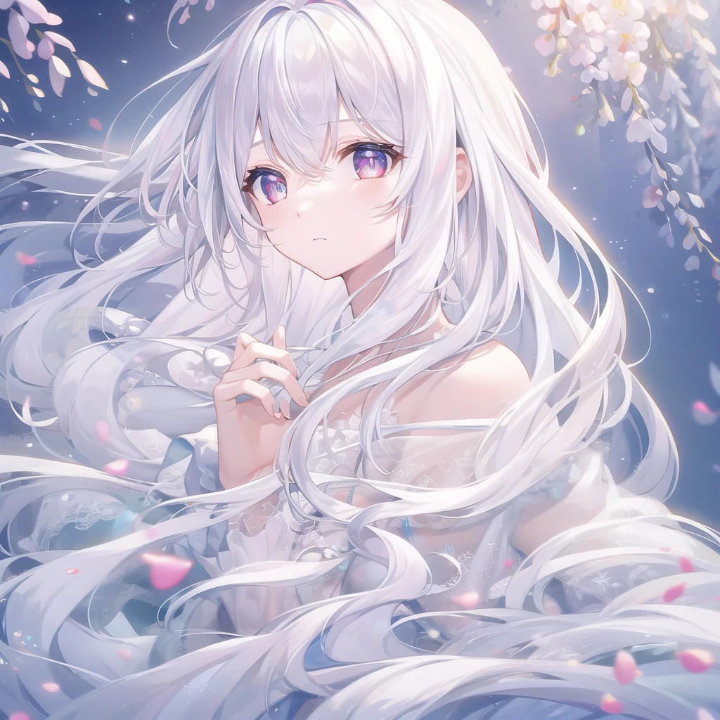 ((masterpiece, best quality))++, Detailed lighting+,  Detailed hair+, Detail hand+ ,1 girl, Miss, Long hair,   Crimson eyes,  beautiful eyes, young white hair,,(Beautiful white hair:1.5),(Beautiful and delicate eyes),  high resolution+,glass tint, Reflective eyes,   {{angle}} , Very detailed wallpaper, The original, Air bangs，Extremely beautiful CG，Firefly，Nature，Wilderness