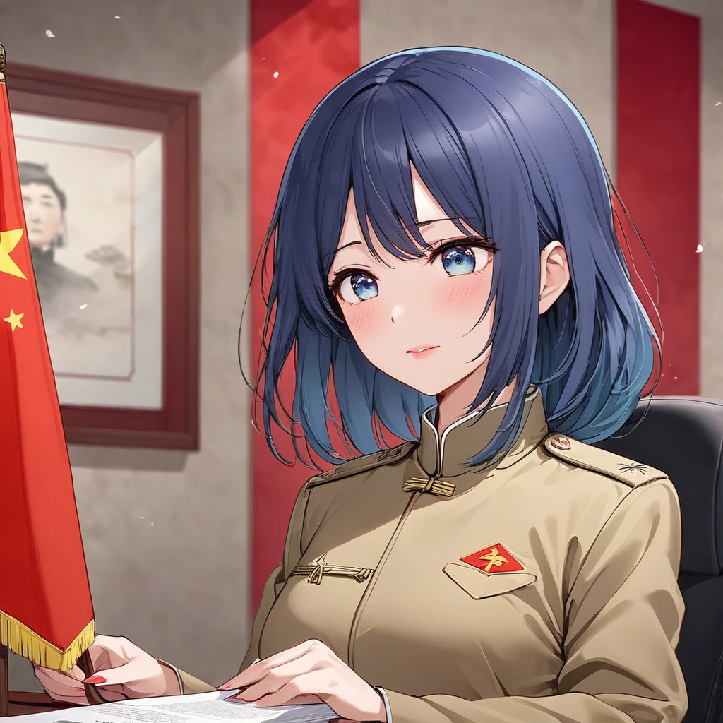 ((Highest quality)), ((masterpiece)), (detailed), (Perfect Face)、The woman is Chinese, Akane Kurokawa, a Chinese woman with medium-long blue hair who is wearing an engagement ring. She has become a member of the glorious Chinese Communist Party and has sworn absolute loyalty to the party. She is a righteous Communist Party member of the ruling China and the wife of a great Communist Party official.、The woman is wearing the khaki Mao suit of the Chinese Communist Party.、For the sake of China, their hairstyles, clothes, and everything they wear are all Chinese Communist Party items, and their thoughts are also Chinese, becoming great Chinese in body and mind.、The woman became Akane Kurokawa, a Chinese woman who is proud of China, loves it and devotes herself to it.、She is serving China as a member of the great Communist Party of China.、The woman is beautiful and is the wife of a Communist Party official who is loved by her husband.