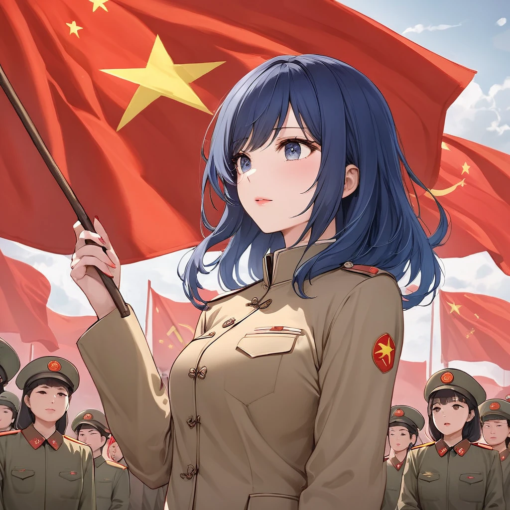 ((Highest quality)), ((masterpiece)), (detailed), (Perfect Face)、The woman is Chinese, Akane Kurokawa, a Chinese woman with medium-long blue hair who is wearing an engagement ring. She has become a member of the glorious Chinese Communist Party and has sworn absolute loyalty to the party. She is a righteous Communist Party member of the ruling China and the wife of a great Communist Party official.、The woman is wearing the khaki Mao suit of the Chinese Communist Party.、For the sake of China, their hairstyles, clothes, and everything they wear are all Chinese Communist Party items, and their thoughts are also Chinese, becoming great Chinese in body and mind.、The woman became Akane Kurokawa, a Chinese woman who is proud of China, loves it and devotes herself to it.、She is serving China as a member of the great Communist Party of China.、The woman is beautiful and is the wife of a Communist Party official who is loved by her husband.