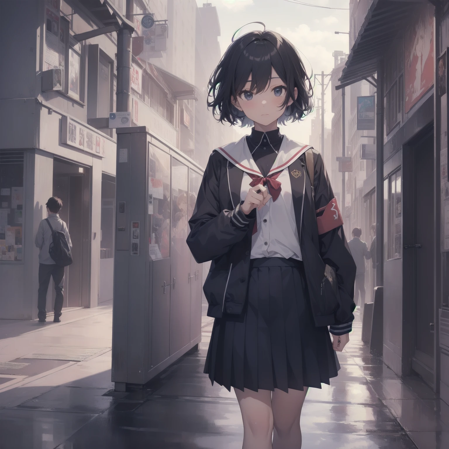 ultra-absurdres-Top quality by artist God, ultra-detailed, high resolution, anime moe artstyle, best anime 8k konachan wallpaper, pixiv contest winner, pool:2810, perfect anatomy,break, 1girl, (Please draw a girl walking sleepily to school alone. )break,(Solo,little female, 13-year-old:1.3),Full limbs, complete fingers,a junior high school student, (very short hair), short cut, flat chest, , small butt, small black eyes, beautiful detailed eyes, well-proportioned iris and pupils, expressive eyes, highres detailed hair, soft expression, salor school_uniform, sailor collar, serahuku, bow, pleated skirt,(Detailed Lighting), (Detailed background), in the School commute route. break,super detailed skin, Best cinematic lighting powered by famous artist, 8k,beauty illustration,photoshop_(medium),very aesthetic,break,((artist:kashikaze )), artist:clamp ,artist:carnelian ,artist:kantoku ,