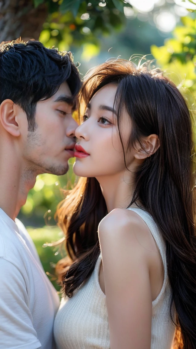 Highly detailed and realistic scene of a romantic couple kissing in a lush, green forest. The woman, with long, flowing brown hair, is wearing a white sleeveless top and is gently holding the man's face. The man, with short brown hair, is dressed in a simple white t-shirt. The couple is standing close to a large tree, their bodies slightly tilted toward each other, creating an intimate atmosphere. The background is filled with tall trees, with sunlight filtering through the leaves, casting soft, dappled shadows on the ground. The overall mood is tender and serene, with a focus on the connection between the two characters.