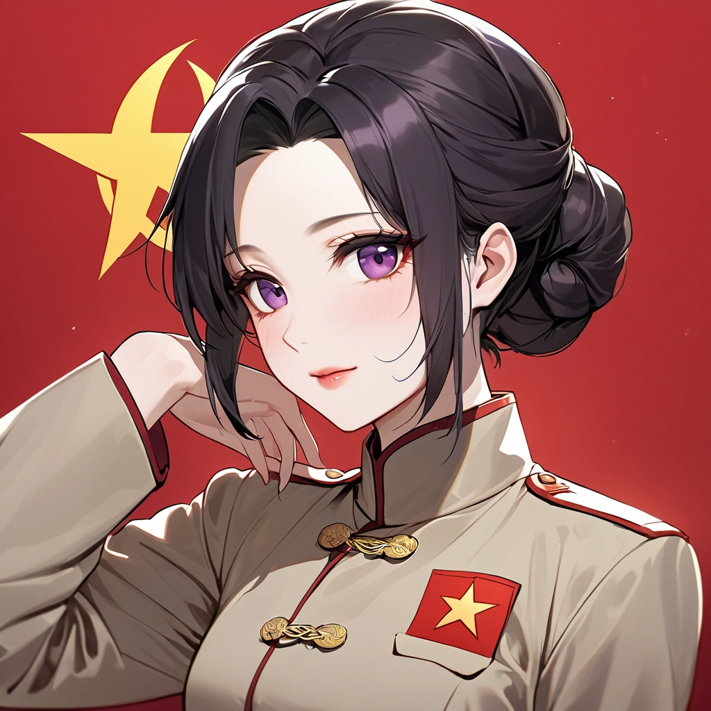 ((Highest quality)), ((masterpiece)), (detailed), （Perfect Face）、The woman is a Chinese woman named Kocho Shinobu, with black hair in a purple gradient bob with evening hair updos, and is wearing an engagement ring. She has become a member of the glorious Chinese Communist Party and has sworn absolute loyalty to the party. She is a righteous Communist Party member of the ruling China and the wife of a great Communist Party official.、The woman is wearing the khaki Mao suit of the Chinese Communist Party.、For the sake of China, their hairstyles, clothes, and everything they wear are all Chinese Communist Party items, and their thoughts are also Chinese, becoming great Chinese in body and mind.、The woman became Shinobu Kocho, a Chinese woman who was proud of China, loved it and devoted herself to it.、She is serving China as a member of the great Communist Party of China.、The woman is a beautiful, respectable and exemplary Communist Party member.