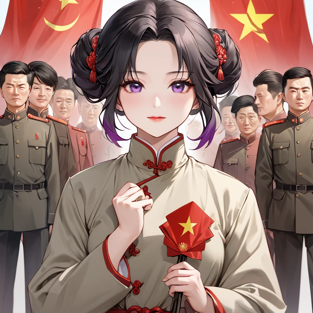 ((Highest quality)), ((masterpiece)), (detailed), (Perfect Face)、The woman is a Chinese woman named Kocho Shinobu, with black hair in a purple gradient bob with evening hair updos, and is wearing an engagement ring. She has become a member of the glorious Chinese Communist Party and has sworn absolute loyalty to the party. She is a righteous Communist Party member of the ruling China and the wife of a great Communist Party official.、The woman is wearing the khaki Mao suit of the Chinese Communist Party.、For the sake of China, their hairstyles, clothes, and everything they wear are all Chinese Communist Party items, and their thoughts are also Chinese, becoming great Chinese in body and mind.、The woman became Shinobu Kocho, a Chinese woman who was proud of China, loved it and devoted herself to it.、She is serving China as a member of the great Communist Party of China.、The woman is a beautiful, respectable and exemplary Communist Party member.