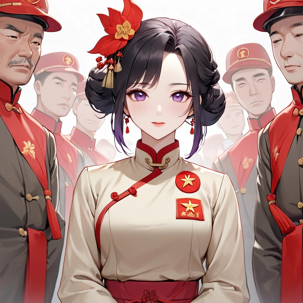 ((Highest quality)), ((masterpiece)), (detailed), (Perfect Face)、The woman is a Chinese woman named Kocho Shinobu, with black hair in a purple gradient bob with evening hair updos, and is wearing an engagement ring. She has become a member of the glorious Chinese Communist Party and has sworn absolute loyalty to the party. She is a righteous Communist Party member of the ruling China and the wife of a great Communist Party official.、The woman is wearing the khaki Mao suit of the Chinese Communist Party.、For the sake of China, their hairstyles, clothes, and everything they wear are all Chinese Communist Party items, and their thoughts are also Chinese, becoming great Chinese in body and mind.、The woman became Shinobu Kocho, a Chinese woman who was proud of China, loved it and devoted herself to it.、She is serving China as a member of the great Communist Party of China.、The woman is a beautiful, respectable and exemplary Communist Party member.