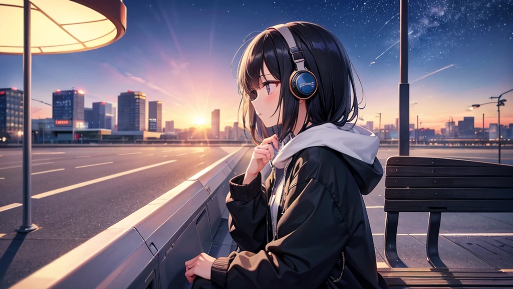 Where to see planes at the airport。A young girl with black hair wearing stylish clothes and headphones labeled "lo-fi" The girl is shown in profile, gazing into the distance with a calm, relaxed expression Background depicts the iconic scenery of Namba, Osaka at night, without any text on signs A starry night sky adding to the peaceful atmosphere Overall mood is quiet and serene, perfect for lo-fi music Detailed hair rendering and careful attention to the girl's fashionable outfit The entire scene should evoke a relaxing, introspective feeling ociated with lo-fi music