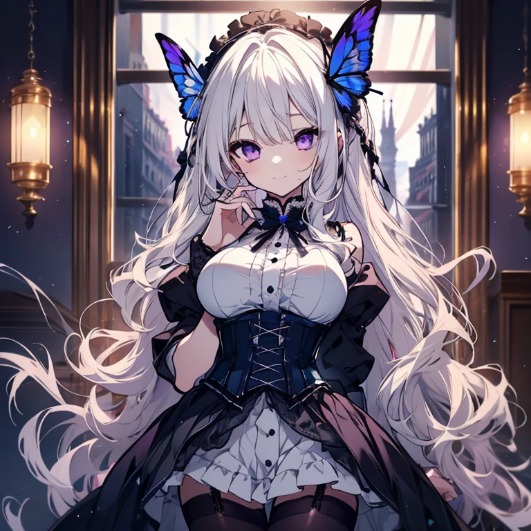 1 girl、Mature、Ample breasts、Long Hair、White Hair、Curly Hair、Purple Eyes、Gothic Lolita、corset、Miniskirt、Marionette、Chained、Fake smile、birdcage、Dimly lit room、Blue Butterfly、High resolution、Highest quality