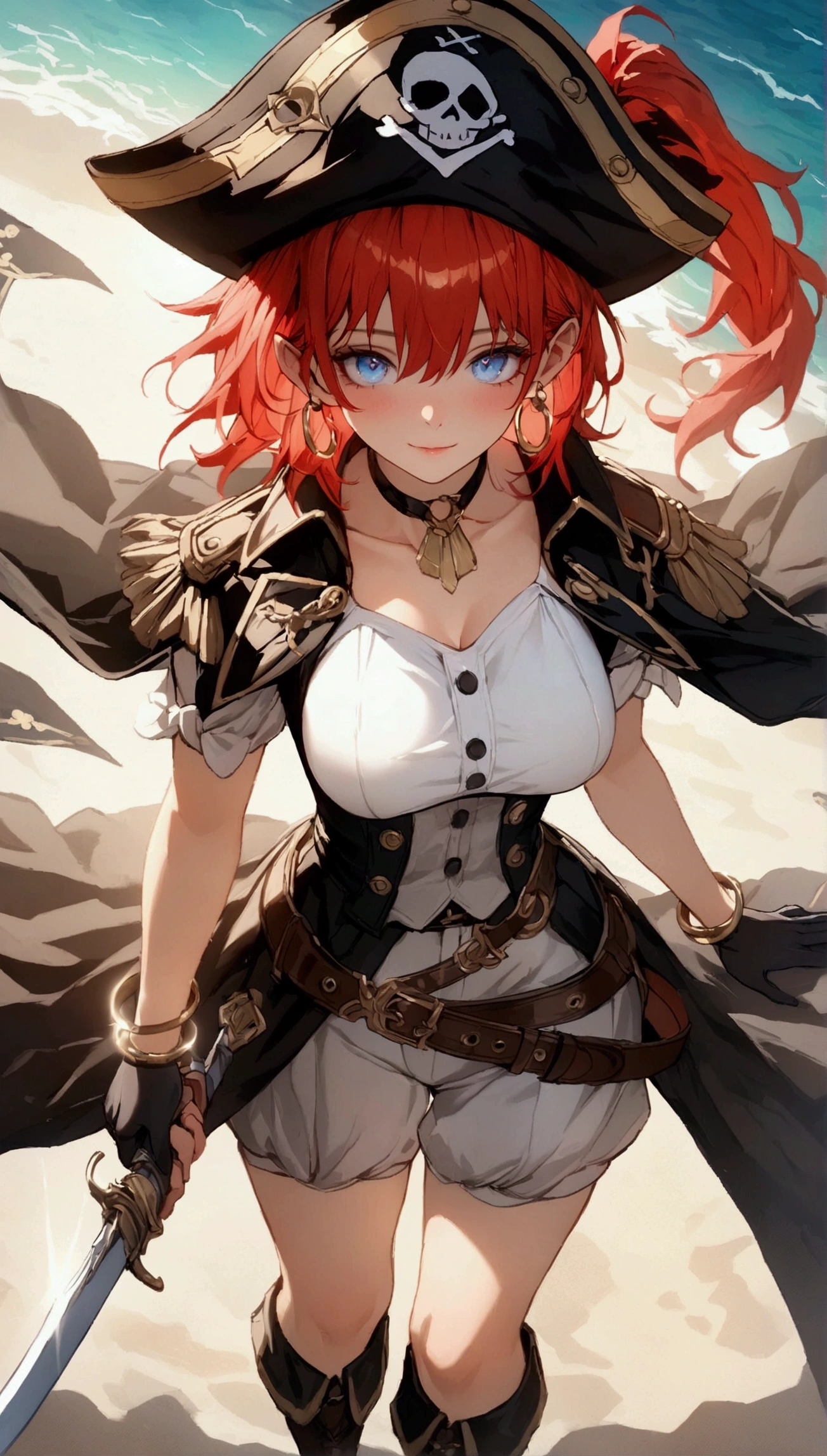 (Masterpiece. The best quality. 8K. Sharp focus. Depth of field, The best shadows. Perfect lighting. HDR. Realistic skin texture. Ultra-detailed background. Detailing). Anime style. Honkai: Star Rail. March 7. 1 girl. Fiery red hair, short hair. Azure - blue eyes, beautiful eyes, beautiful eyes, expressive eyes. Beautiful nose, perfect facial features. Breasts of the second size, beautiful breasts. Long beautiful legs. Pirate hat, white blouse, pirate pants, pirate knee-high boots, leather elbow-length gloves, wide belt at the waist, gold bracelets on the hands, gold hoop earrings in the ears. Pirate cloak uniform. Shoulder straps with the Jolly Roger on the shoulders. On the belt there is a saber and a musket. Stands at full height at the helm of the ship. Full body.