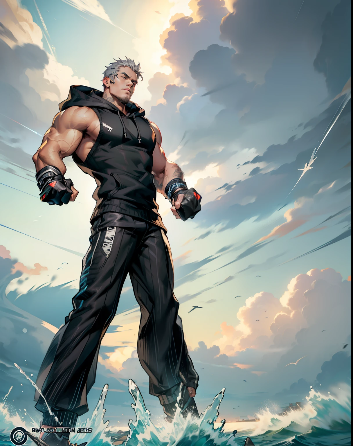 boys 26 Years old, Serious face, muscular, ((black sleeveless sweater, hoodie)), black pants, gray hair, standing in ocean, storm weather,