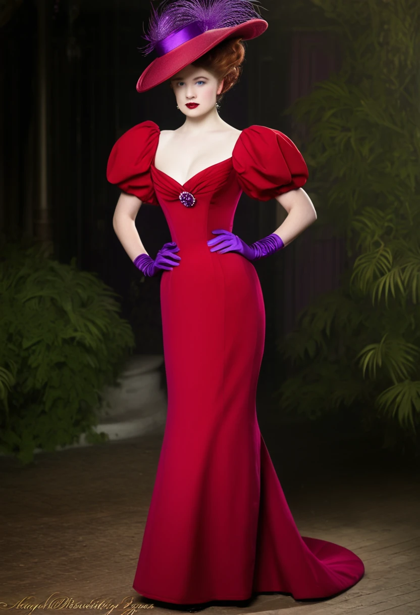 Jessica Rabbit as a sexy Gibson Girl. Year 1904. Red dress, purple gloves, picture hat. Full body. Hourglass figure. Gilded Age debutante ball
