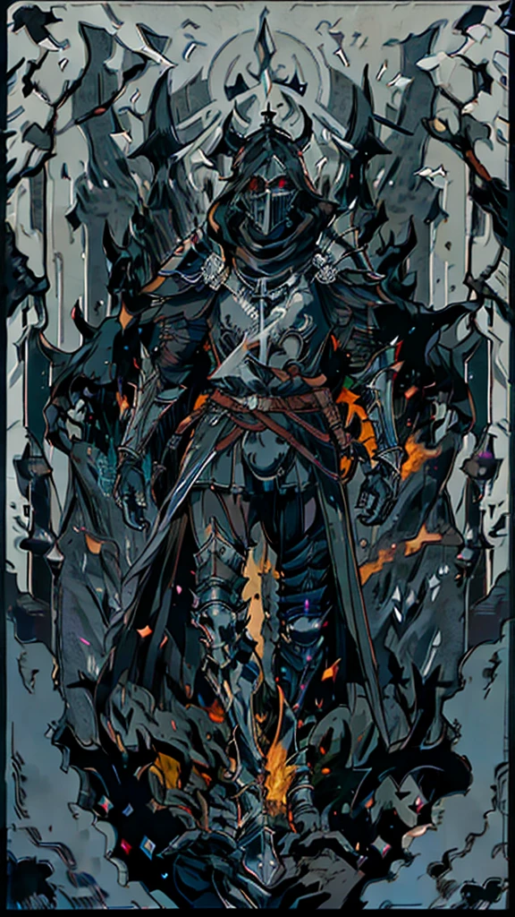 1 man, dressed in black armor shaped like a paladin, a black and white aura around him,black magic circles on his back, black sword with white flames on right sj manl, black castle background in dark flames 