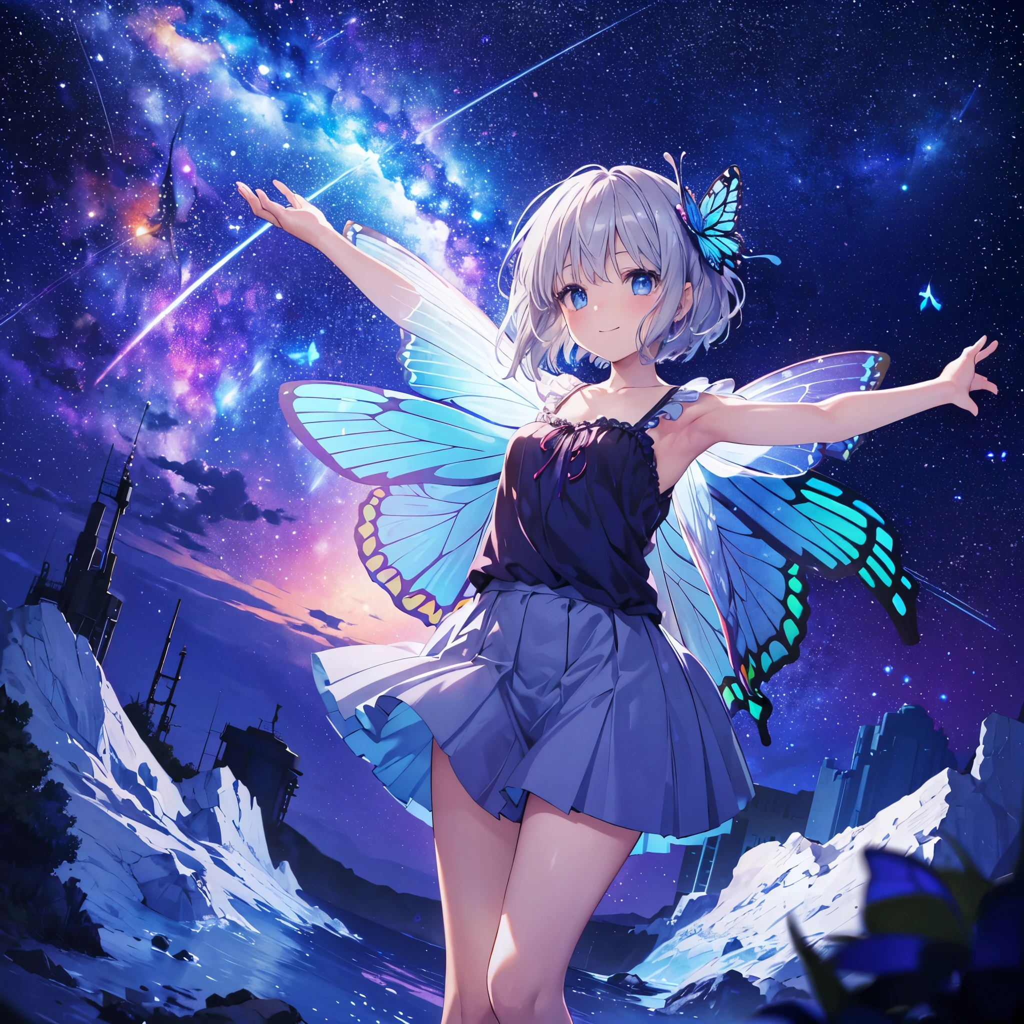 One girl((Fairy,Butterfly Wings Happiness)) background((Milky Way,Meteor shower glow))smile ,Gray Hair,Short bob blue eyes,Super Shining,camisole,Long Hem Super Pop Anime,Anime The Wind Blows,Jagged front,Raise your arms,Floating Shining,background