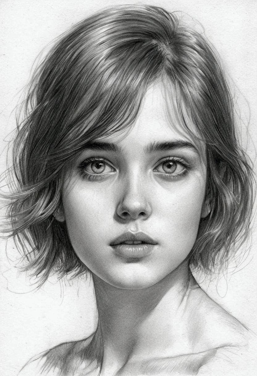 A delicate, graphite sketch shows a naked European girl, her features rendered in subtle shading and precise lines. The framing is tight, focusing attention on the sweet beautiful serene face, very big eyes, thick and long eyebrow, very high nose, thin and wide lips. Soft, feathery strokes convey the gentle texture of her short hair, while the delicate curve of her neck is emphasized by the pencil's softness. The overall mood is contemplative.